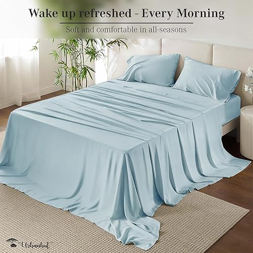 Miniatura 3 de URBANHUT Juego de sábanas de algodón egipcio, 4 piezas, sábanas suaves y de tejido satinado para cama tamaño Queen, sábanas de hotel de lujo con