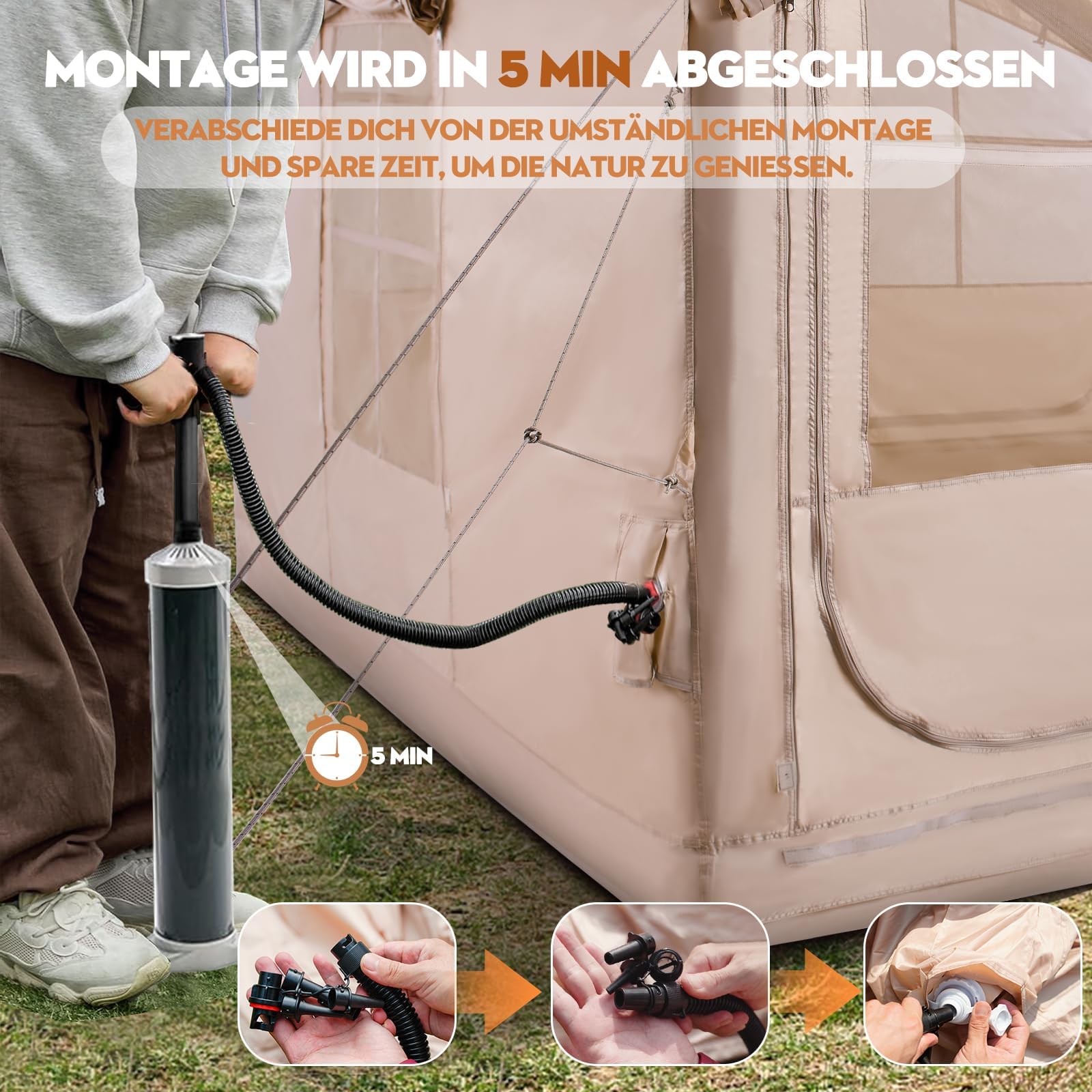 Tienda de campaña Hinchable de 2,5 m con Apertura de Chimenea y claraboya, Tienda de casa de Exterior Tienda para 2-6 Personas con Bomba de Aire, Tejido Oxford, 4 Estaciones, Impermeable