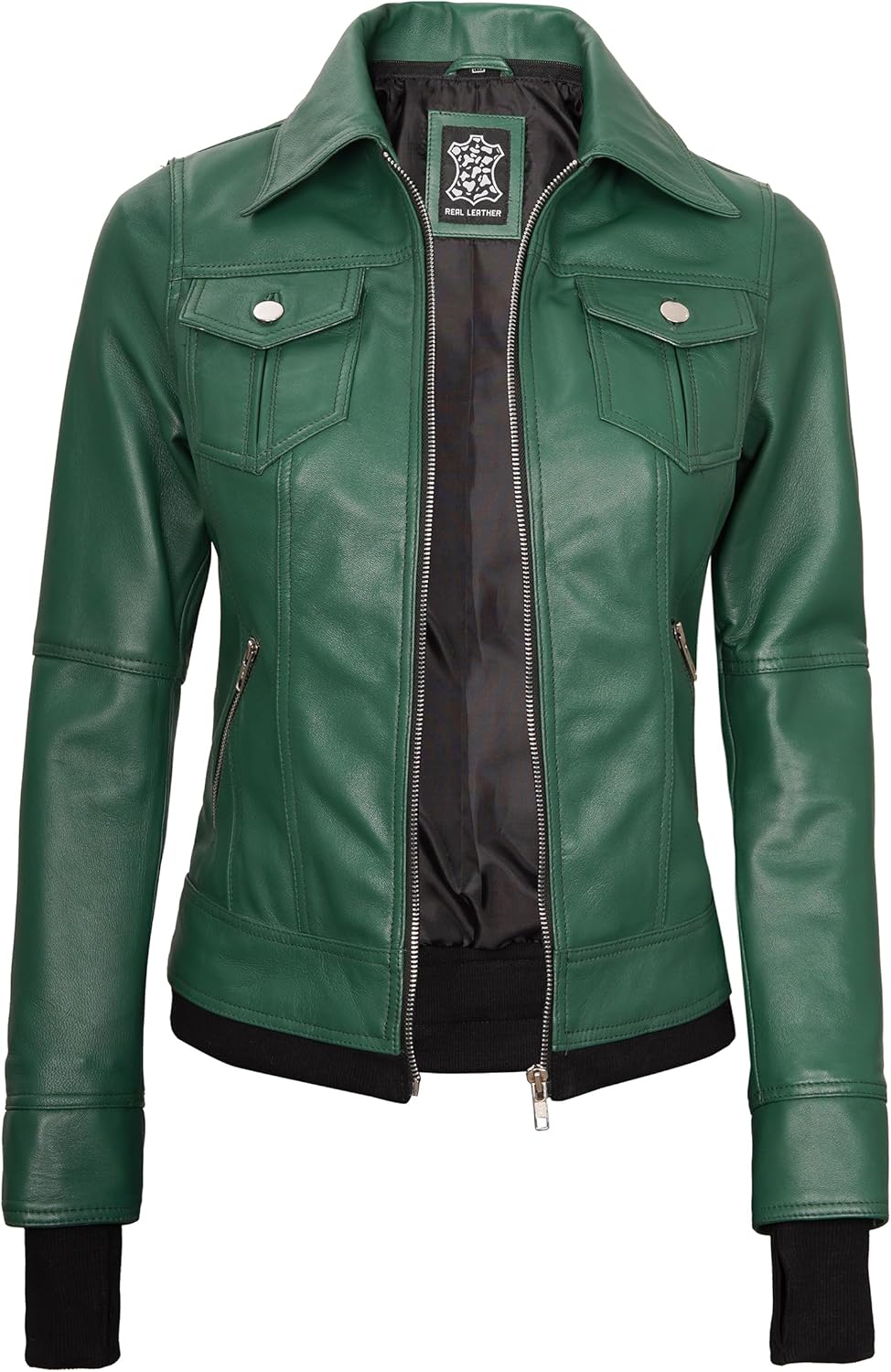 fjackets Hooded Leather Bomber Jacket Women - Real Lambskin Womens Leather Jacket with Removable Hood - Image 3