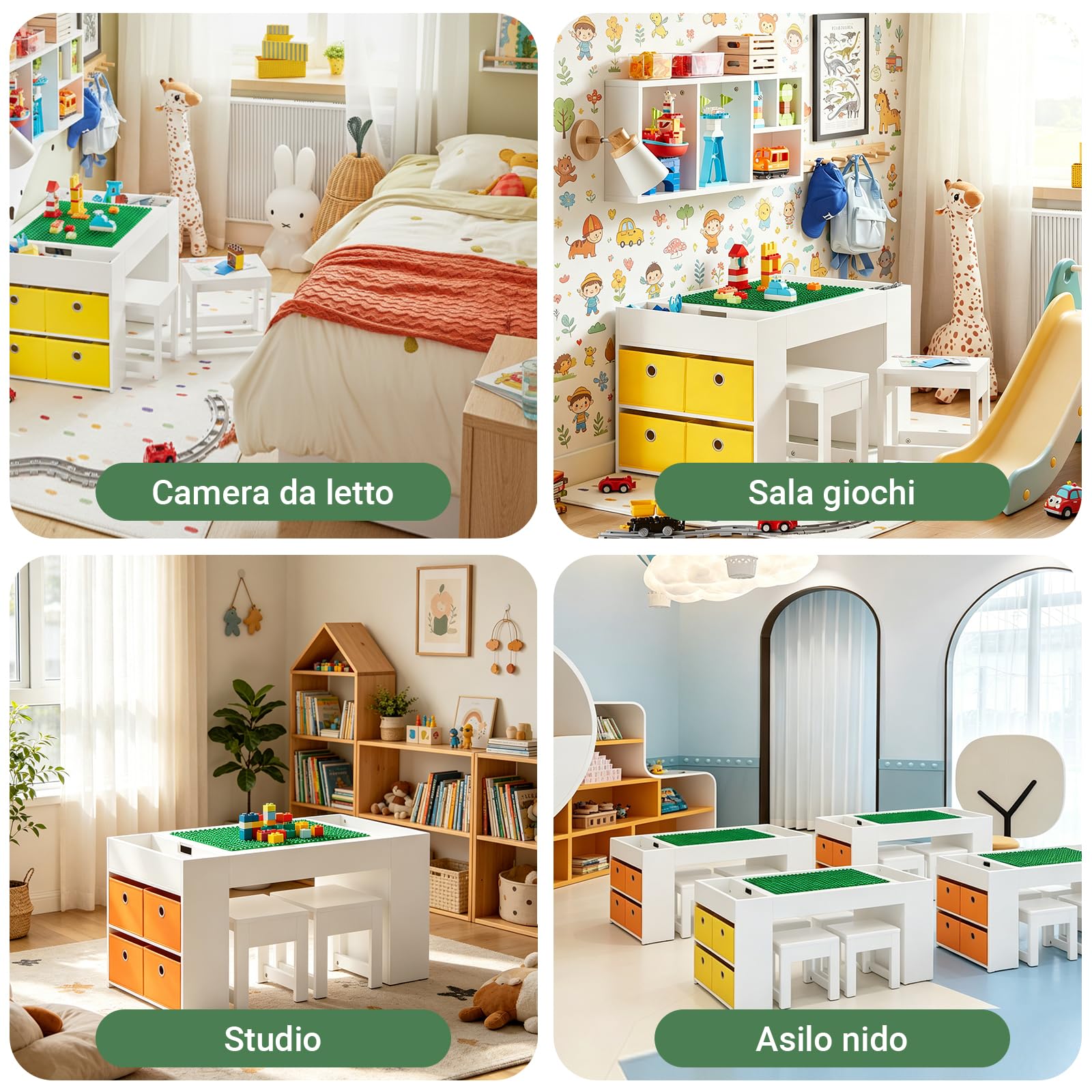 SoBuy Tavolo multifunzionale per bambini con 2 sgabelli e 8 contenitori Set tavolo e sedie per cameretta bambini Tavolo da gioco con spazio di archiviazione Bianco 87x50x50 cm KMB75-W