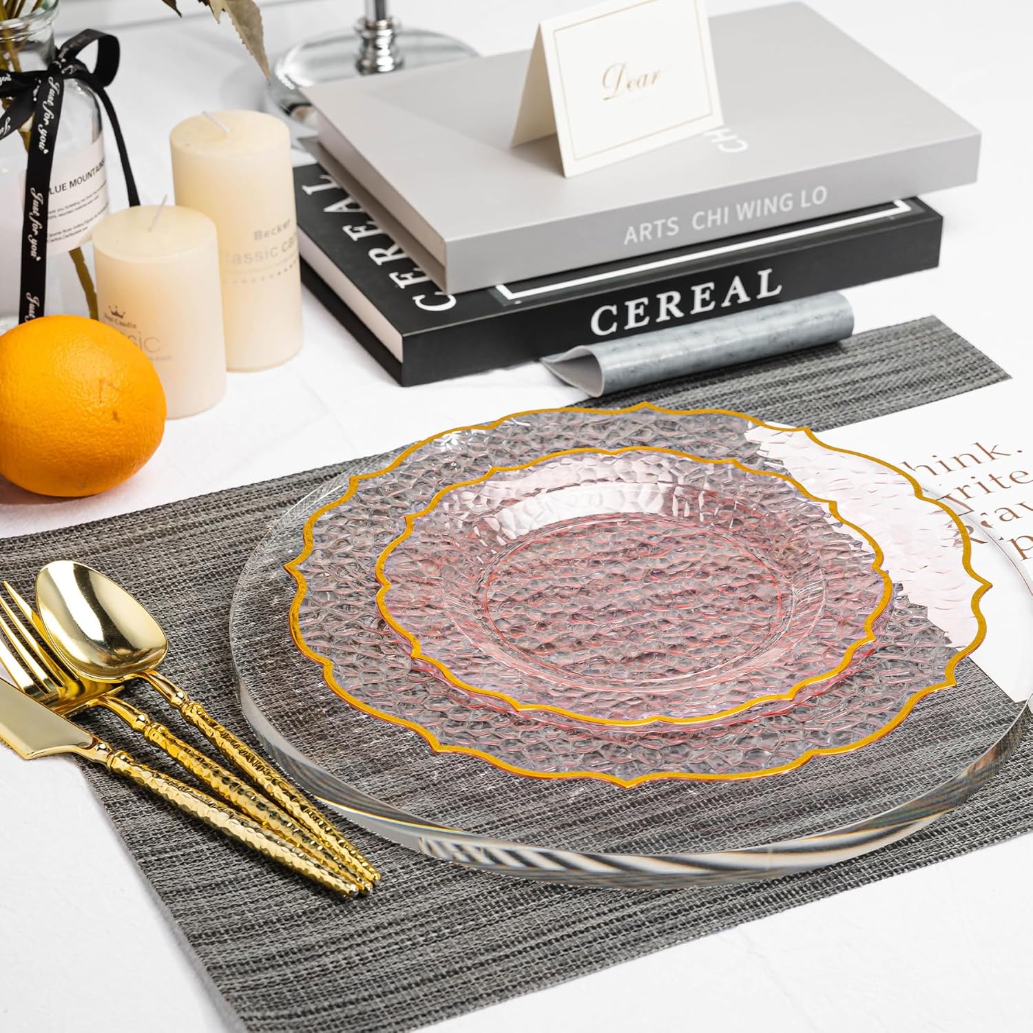 N9R 120 Clear and Pink Plastic Plates, Pink Disposable Plate with Gold Rim, Stone Texture Plate, Include 120 Dinner & Dessert Plates for Wedding, Party - Image 3