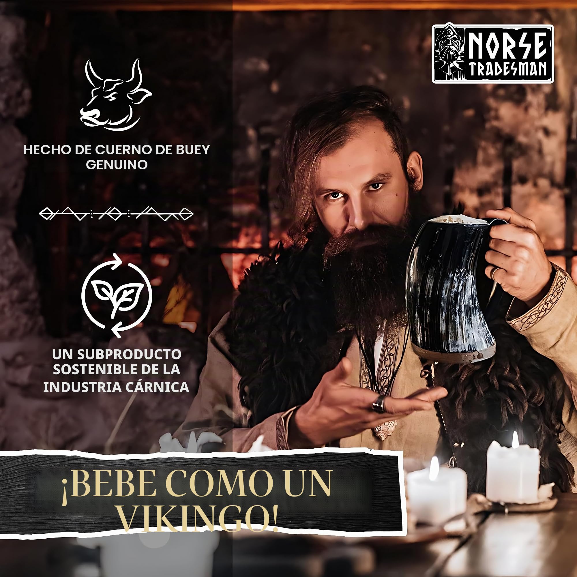 Norse Tradesman LG Viking - Taza de cuerno de cerveza 100% auténtica con fondo de madera dura y grabados en anillo, The Eternal, bajo pulido, 500 ml