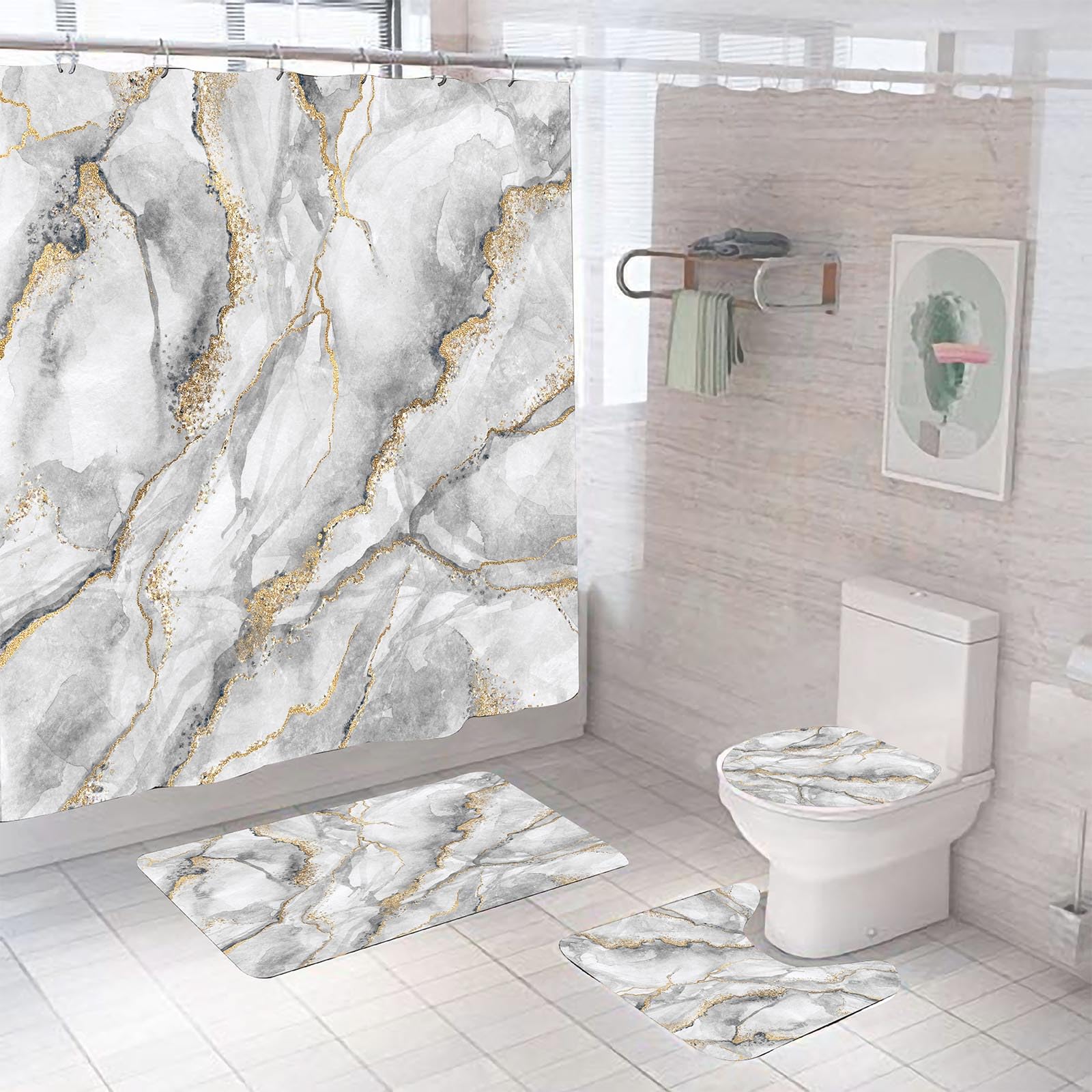 AIBIIN Marmor Duschvorhang-Sets 4-teiliges abstraktes graues Duschvorhang-Set mit rutschfesten Teppichen, moderner WC-Deckelbezug und Badematte, Badvorhang für Badezimmer-Dekor (Haken im Lieferumfang