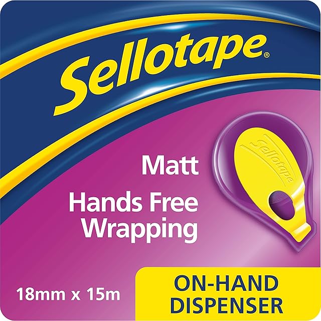 Sellotape On-Hand Matt Dispenser for Sticky Tape/Both Hands Free for Crafting and Wrapping / 1 x Dispenser & 1 x (18mm x 15m) Adhesive matt Tape roll