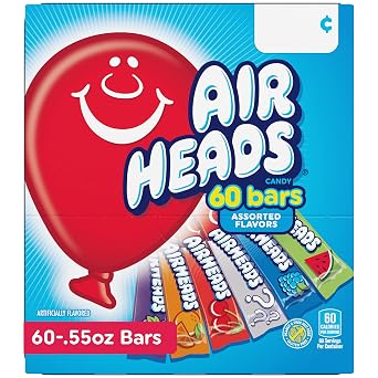 Airheads Full-Size Candy Bars, Taffy Candy Bulk Variety Pack, Individually Wrapped, Six Assorted Fruit Flavors Artificially Flavored, 60 Count Box