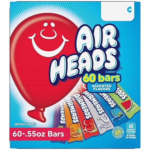 Airheads Full-Size Candy Bars, Taffy Candy Bulk Variety Pack, Individually Wrapped, Six Assorted Fruit Flavors Artificially Flavored, 60 Count Box