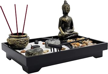 Royal Brands Zen Garden with Buddha, Rake, Rock Candle, and Incense Holder Peace and Tranquility 9"x6"x7"