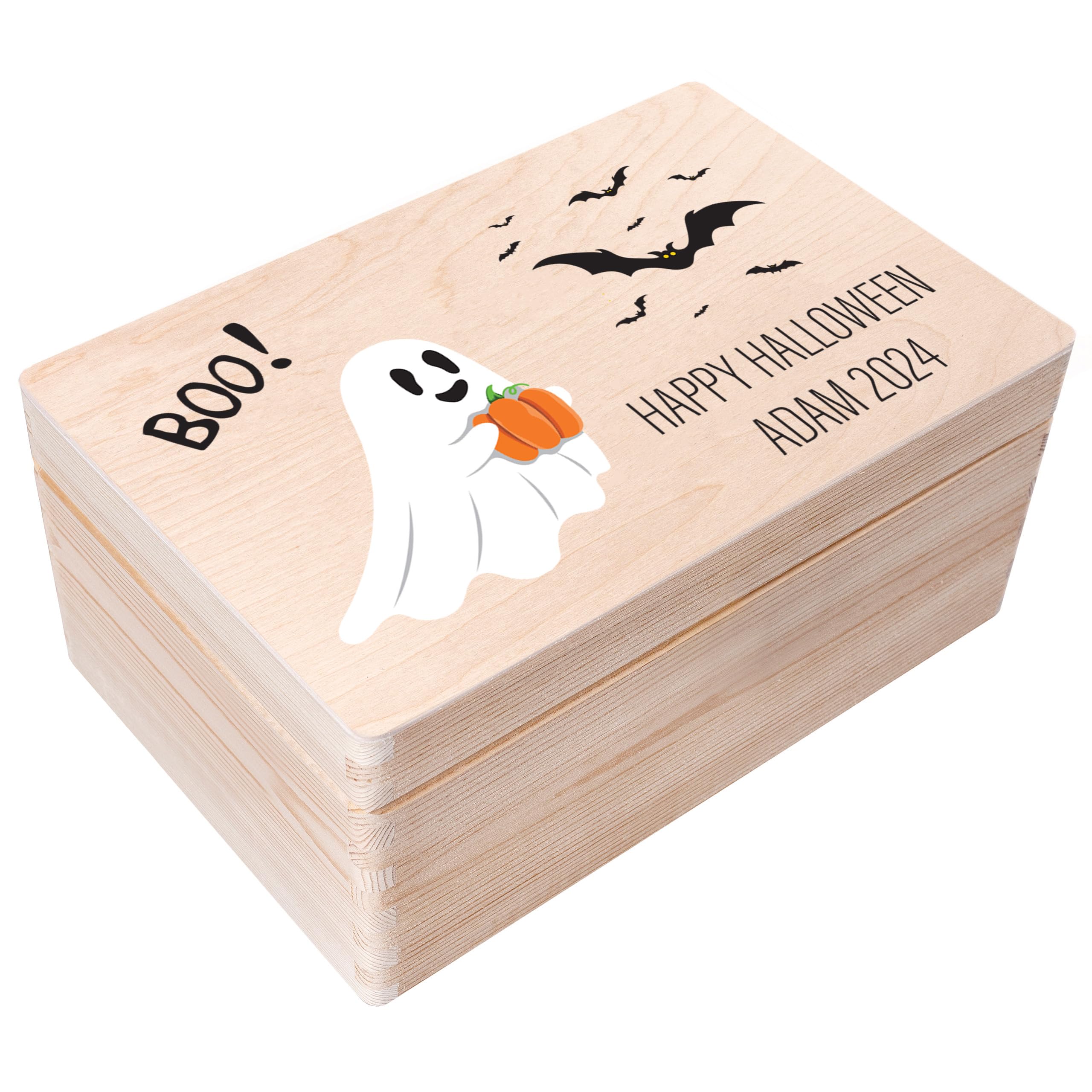 Creative Deco Personalised Halloween Wooden Box - Ghost | Any Text Gift for Girls Boys Crafts | Customised Party Storage Box for Costumes, Sweets, Treat Bags | Outdoor Indoor Decoration