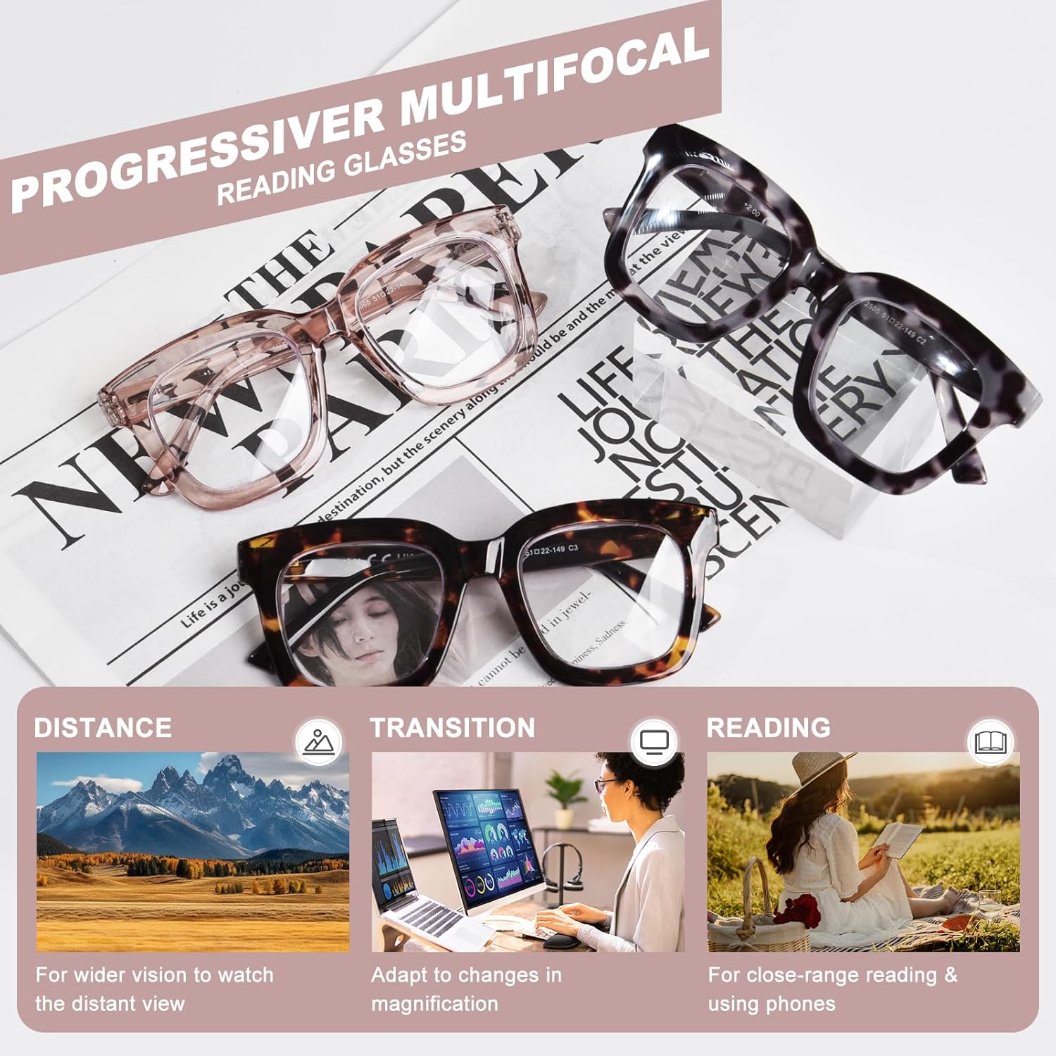 OPTOFENDY Progressive Multifocal Reading Glasses for Women, Oversized Square Blue Light Computer Readers with Spring Hinge - Image 3