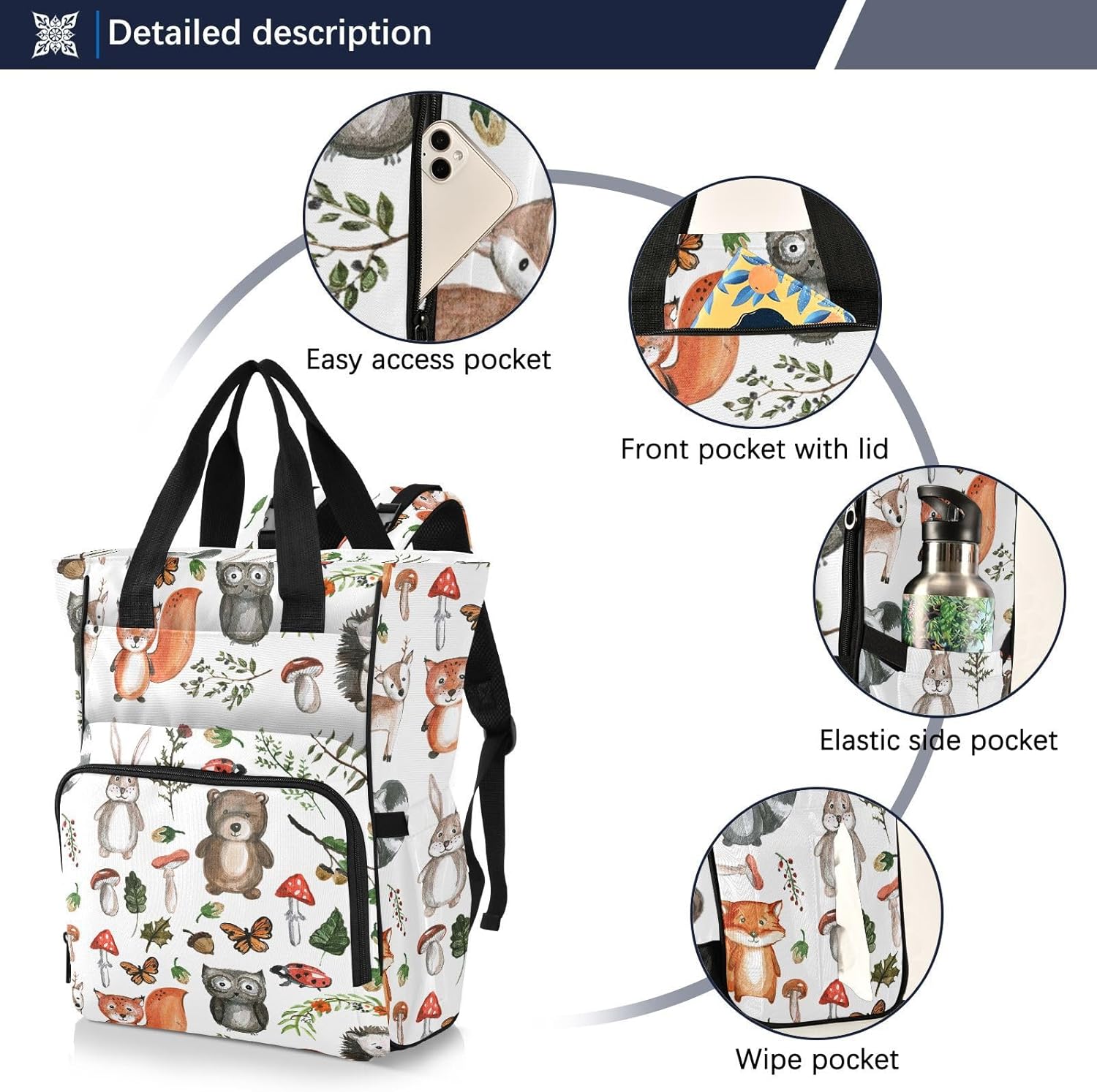 Emelivor Cute Animals Diaper Bag Backpack Insulated Pockets Organizer Bag Diaper Backpack for Boy Girl Unisex Baby Women Travel