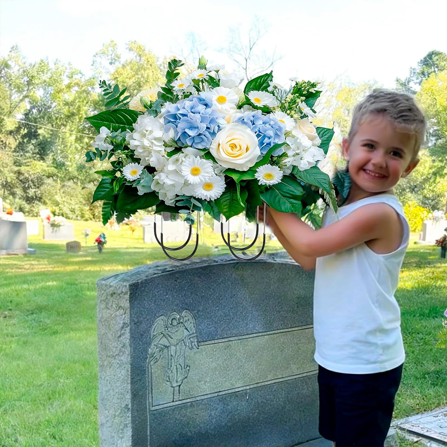 4 Pack Headstone Flower Saddle 12 Inch Cemetery Saddles with Floral Foam Wire Rustproof Galvanized for Grave Headstone Cemetery Floral Decorations(Black, Large)