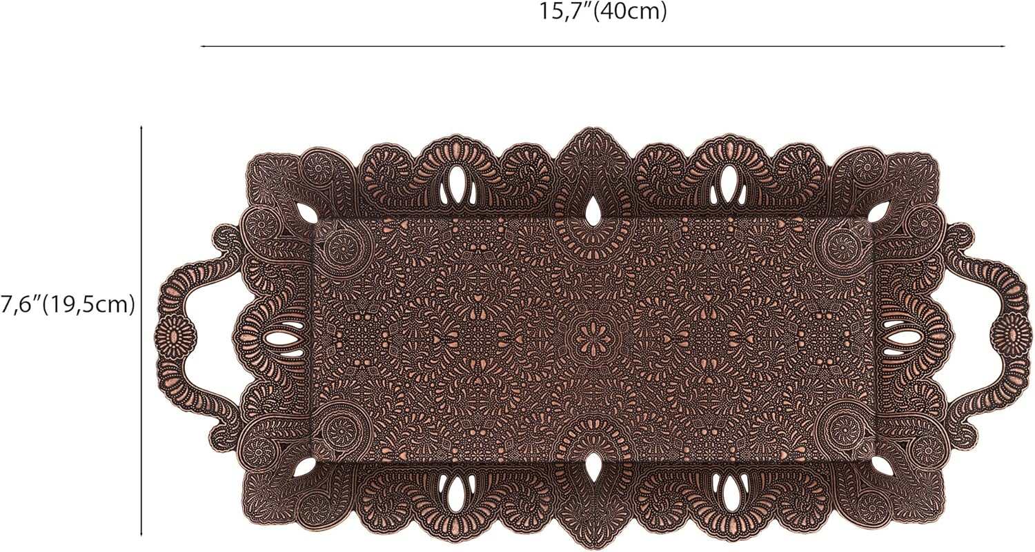 Alisveristime Ottoman Motif Zamac Tray, (15.7" x 7.7" x 1" Dimensions), (410 gram - 14.4 oz), Elegant Handles, Suitable for Two-Person Coffee Set, Available in Four Unique Colors (Antique Copper)