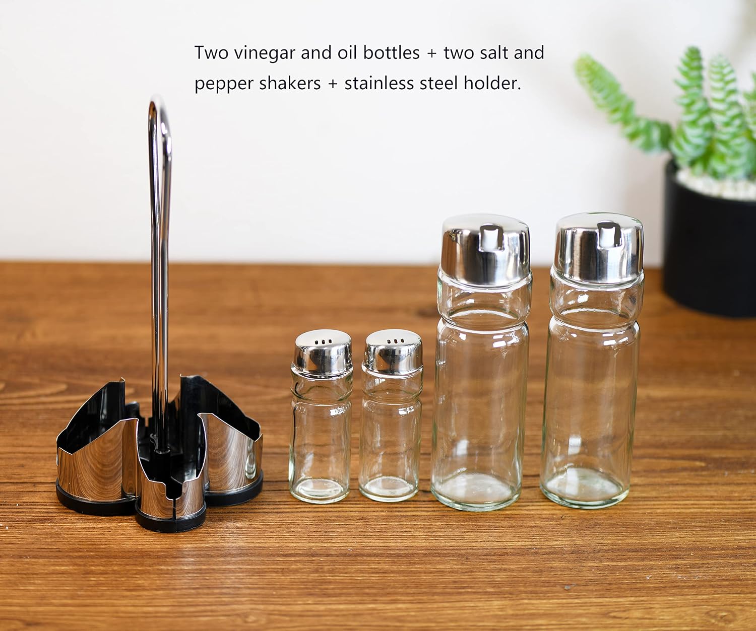 Salt and Pepper shakers, Oil and Vinegar Dispenser Set with Stainless Steel Holder (Salt & Pepper + Oil & Vinegar)