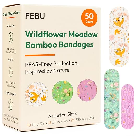 FEBU Wildflower Print Bamboo Fabric Bandages | PFAS Free Flexible Fabric Bandages | Natural Hypoallergenic Bandage for Scrapes, Cuts & First Aid | Compostable, Latex Free Bandage | 50 Count Strip