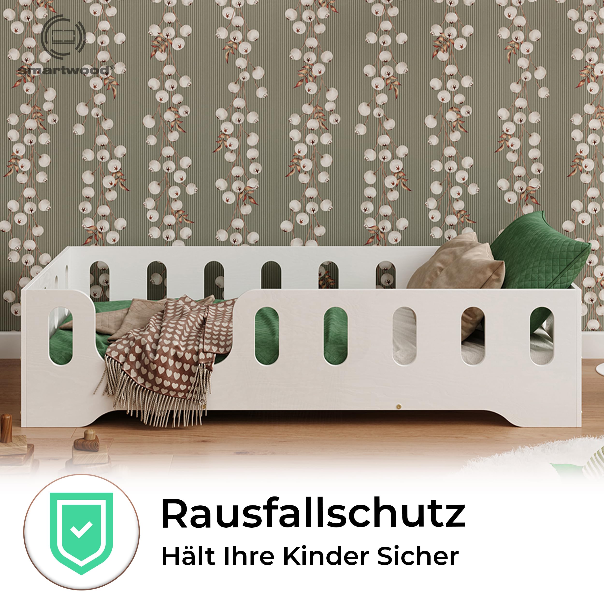 Smartwood Bodenbett 120x200 cm Weiß Montessori Kinderbett aus Holz mit FSC-Zertifikat TILA 2L Rausfallschutz Lattenrost bis 300kg