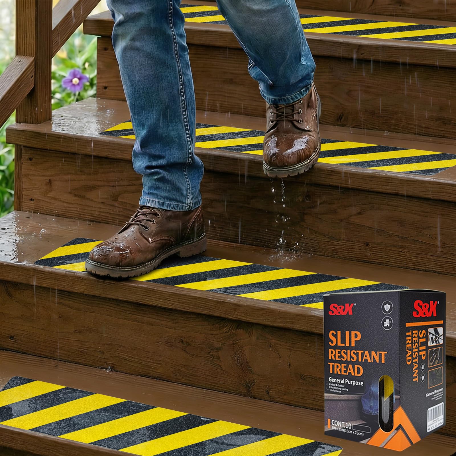 S&X S680 Anti Slip Stair Treads 6" x 30", 10-Pack Pre-Cut Black/Yellow Caution Non Slip Safety Tape Strips for Outdoor Stair Treads, Wooden Steps &