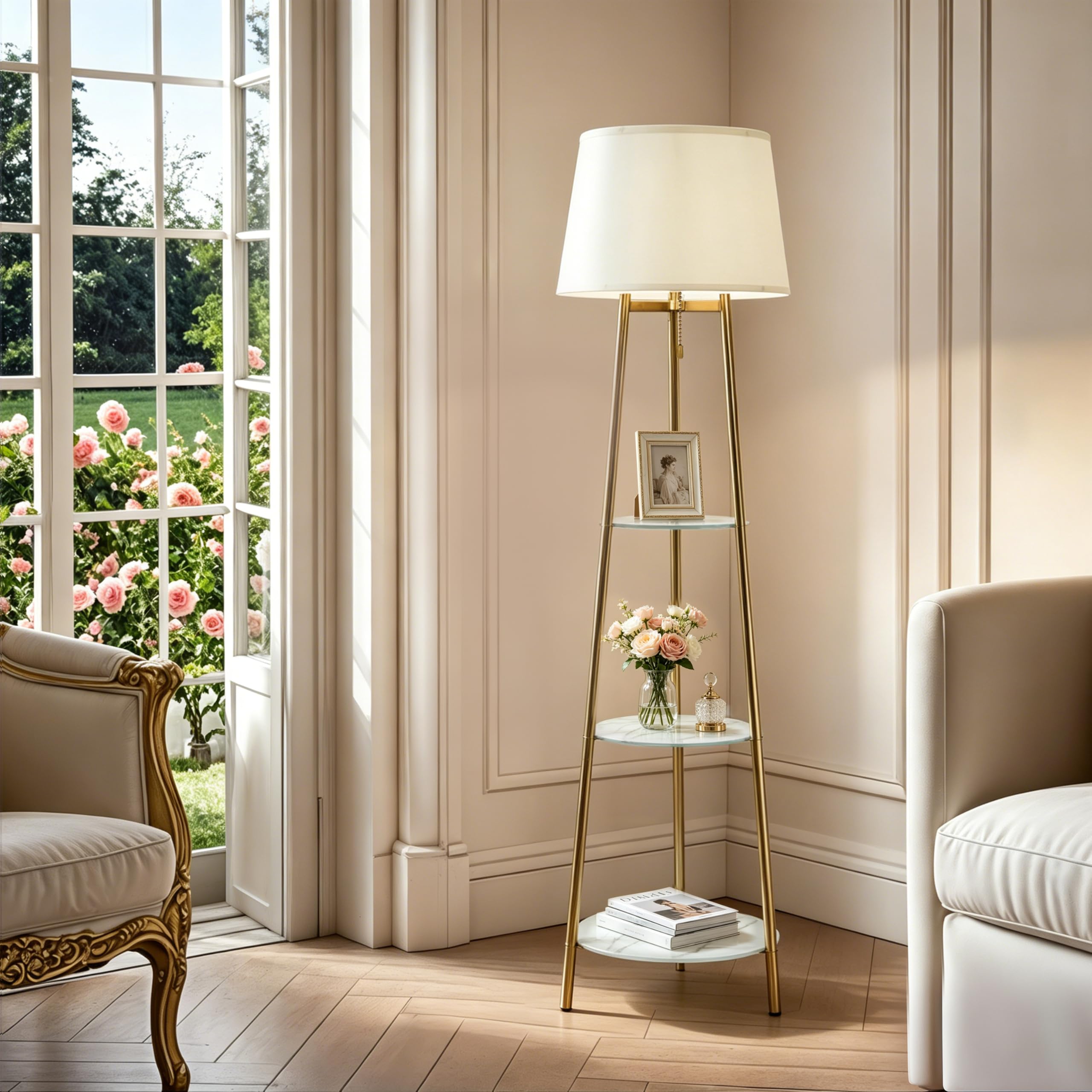 Lampadaire Trépied Métal avec 3 Étagères Verre Trempé LED 35x147cm | 3 Températures de Couleur 2700K/4500K/6500K, Abat-Jour en Lin, Pour Salon, Chambre, Bureau, Ampoule Incluse