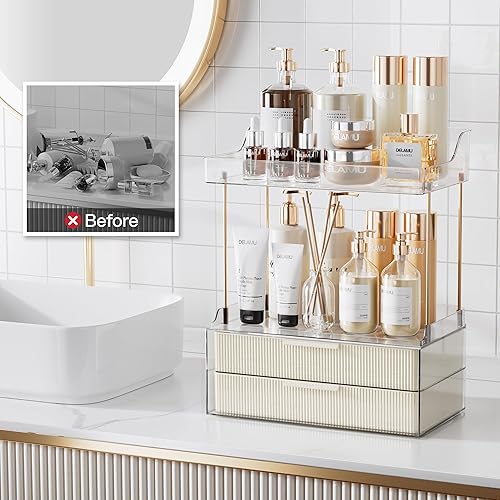 Vista 7 de Delamu Organizador y almacenamiento de baño, 2 niveles y 2 cajones, organizador de maquillaje, fácil de instalar, ideal para encimera de baño