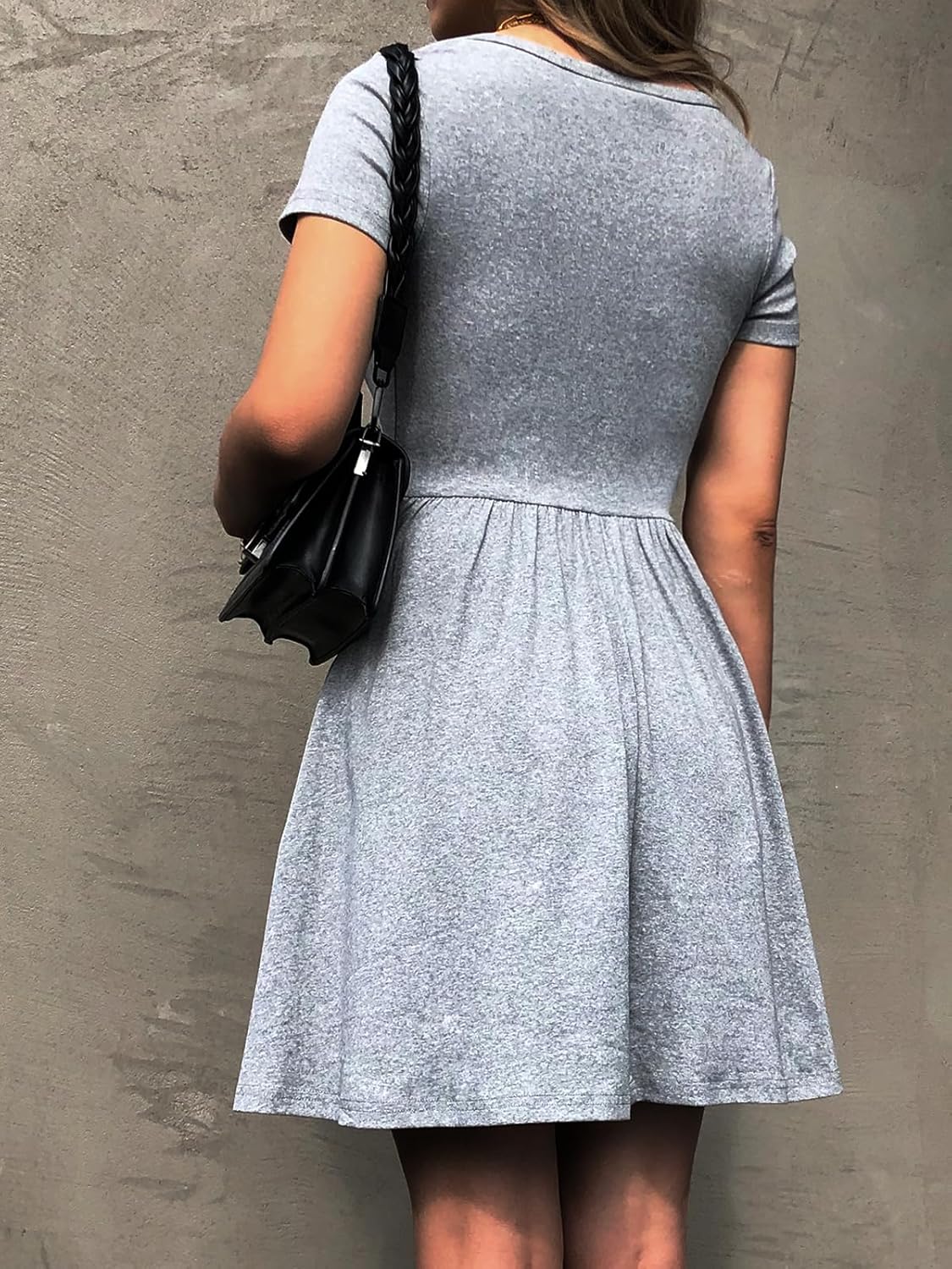 Women's Summer Casual Short Sleeve Mini Dress Square Neck A Line Pleated Swing Dresses Basic Short Dress with Pockets - Image 2