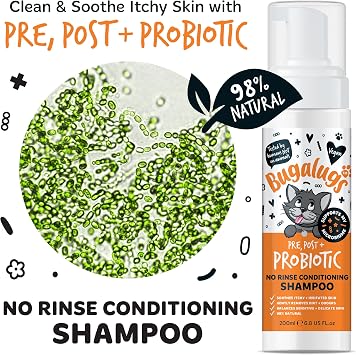 Bugalugs No Rinse Cat Shampoo for Itchy Skin with Prebiotics, Postbiotics & Probiotics for cats - kitten shampoo and cat shampoo for indoor cats for sensitive skin supports your pets Microbiome