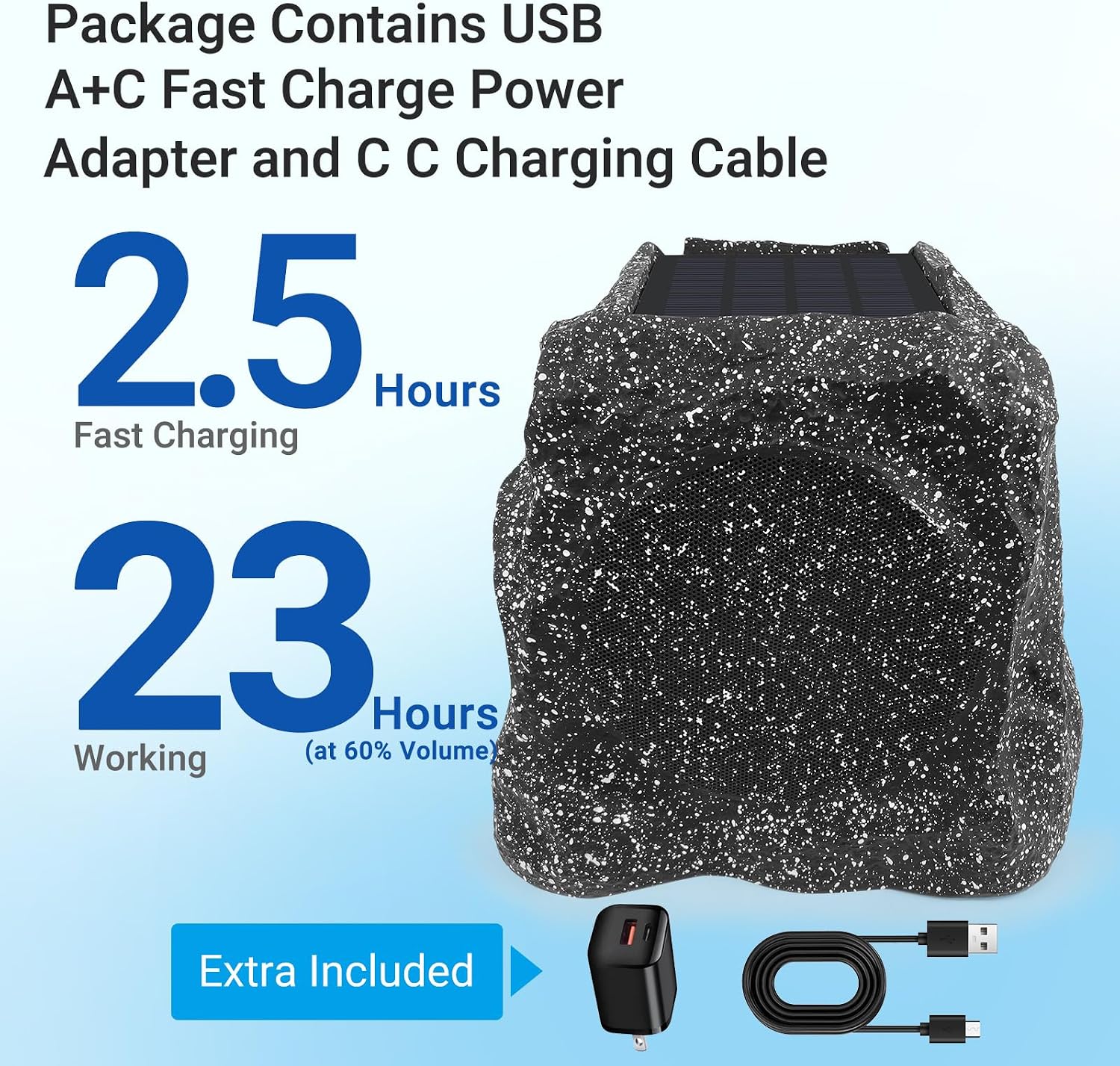 Herdio 6.5" Rock Bluetooth Speakers Outdoor Waterproof IPX7 Wireless Solar Max 200 Watt, TWS Connection Powered with Rechargeable Battery for Garden Patio Deck Pool Backyard（Black，1Pair）