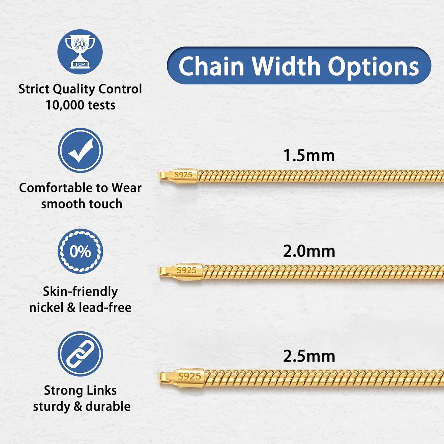 Jewlpire 1.5mm 2mm 2.5mm Snake Chain 18k Gold Plated 925 Sterling Silver Chain Necklace for Women, Smooth Sturdy Hypoallergenic, 16 18 20 22 24 Inch - Image 6