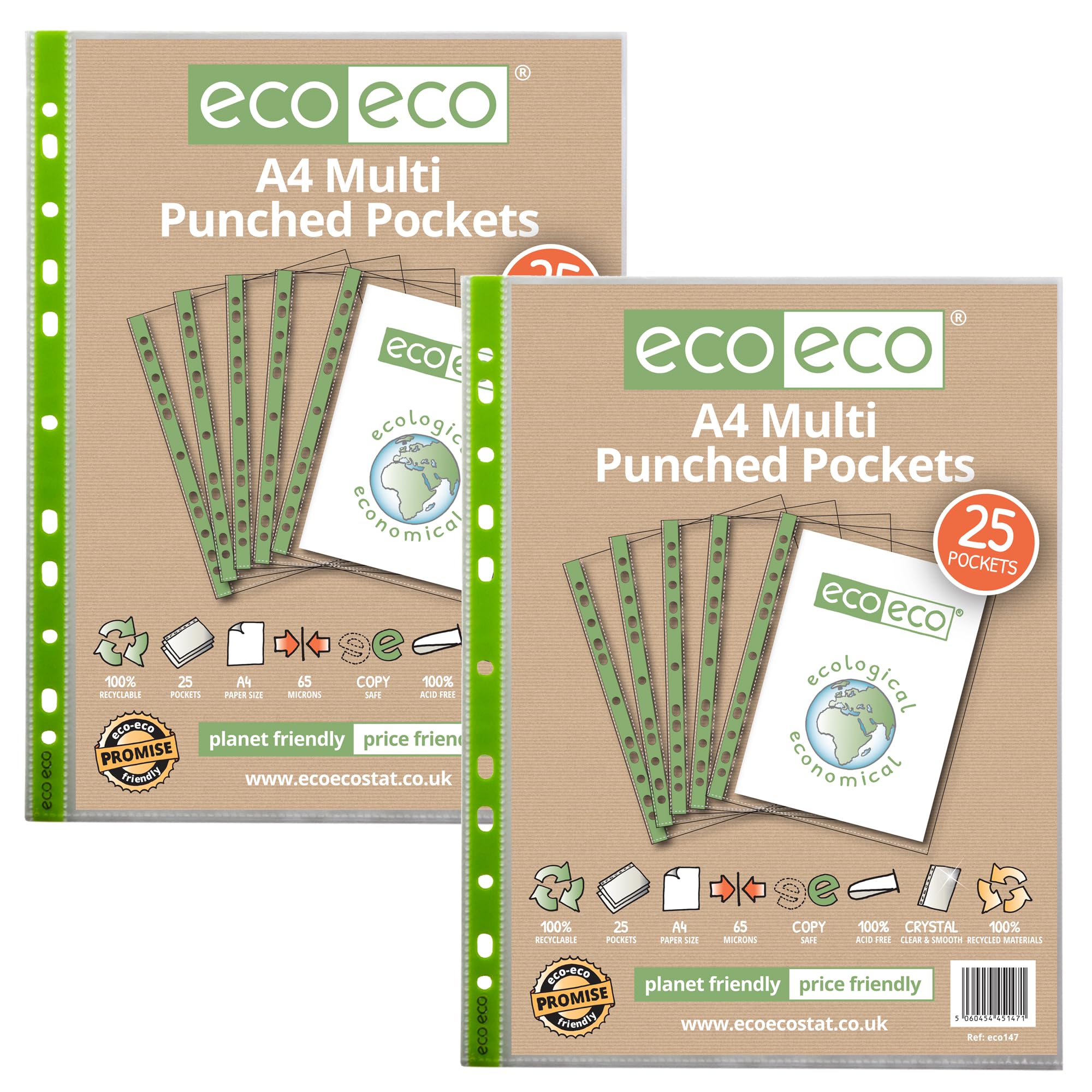 eco-eco A4 100% Recycled Premier Multi Punched Pockets Glass Clear, Transparent Poly Wallet Sheet Protector