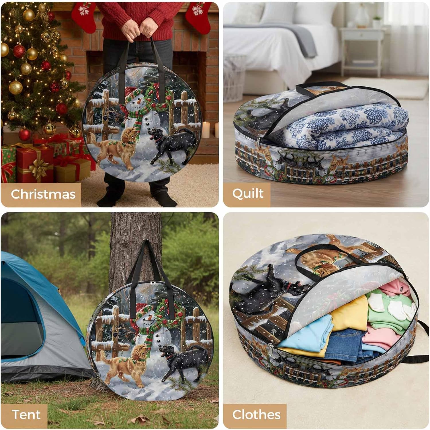 Christmas Xmas Round Storage Bag 36 Inch, Wreath Snowman Cute Dog Winter Clothes Storage Container with Handles Heavy Duty Organizer for Comforter, Bedding & Holiday Wreaths