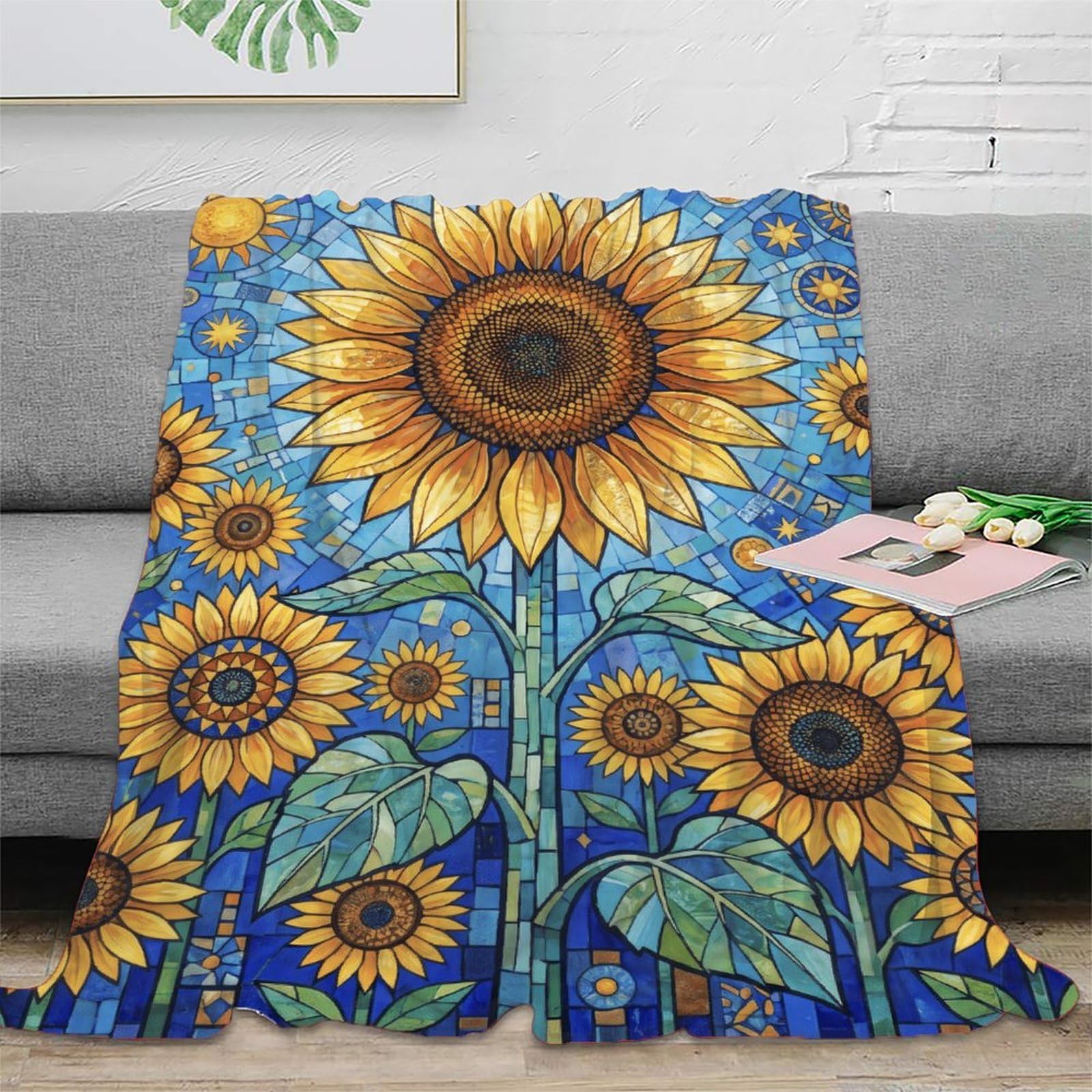 W7C8U2X3 Sunflower Stained Glass Garden Throw Blanket, Flannel, Living Room