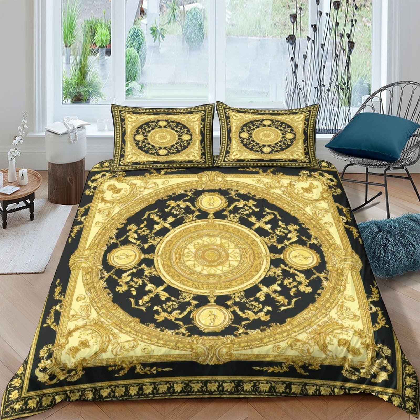 Ctjqhvkz Style-10 3D Printed Baroque Gold Pattern Fitted Sheet Microfiber Elegant Black Medallion Mattress Cover For Bedroom Guest Room Decor Single（135X200cm）