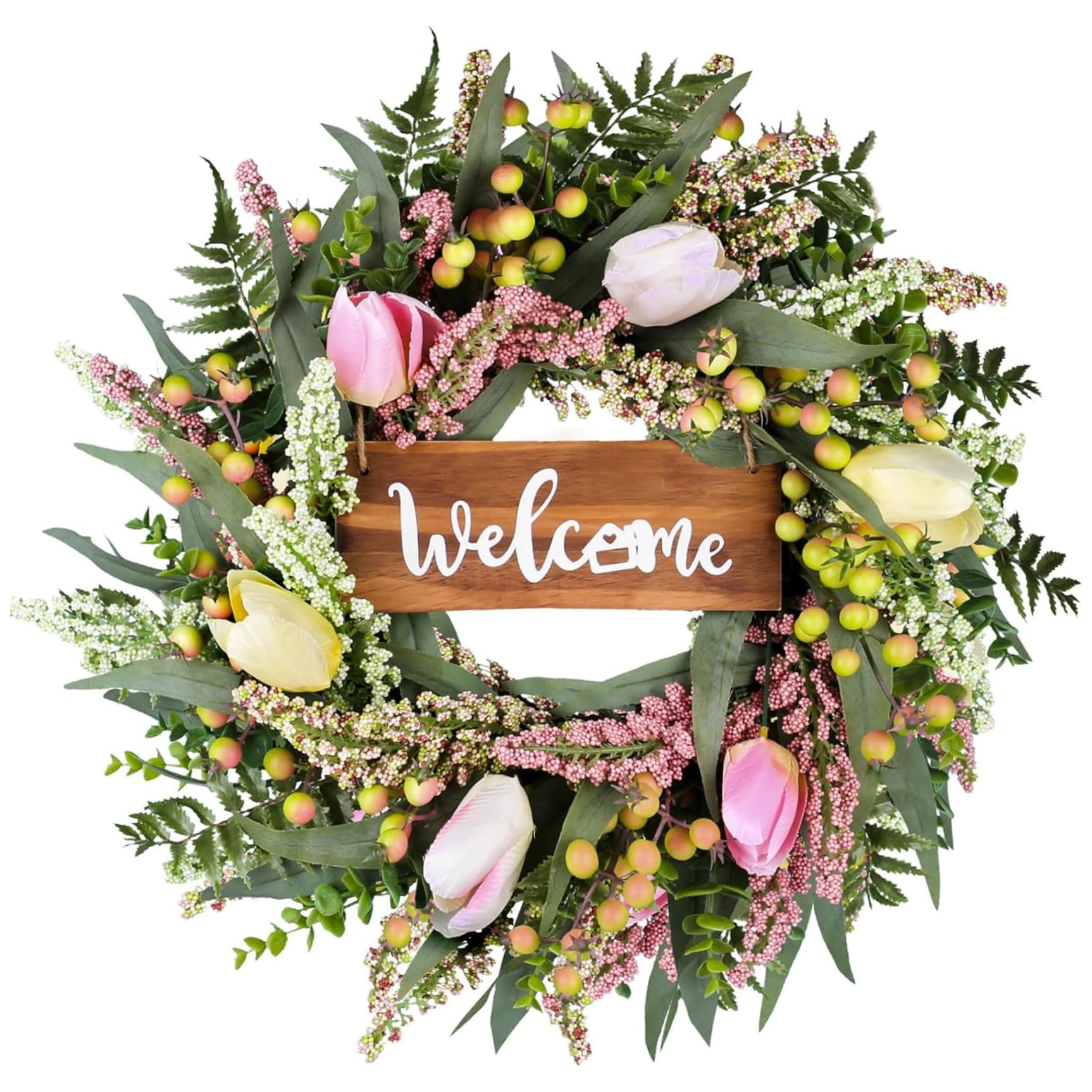 Hintyne Tulips Wreath for Front Door Front Door Wreath, 18 Inch Artificial Colorful Tulips with Green Leaves Elegant Spring Summer Garland for Party Wedding