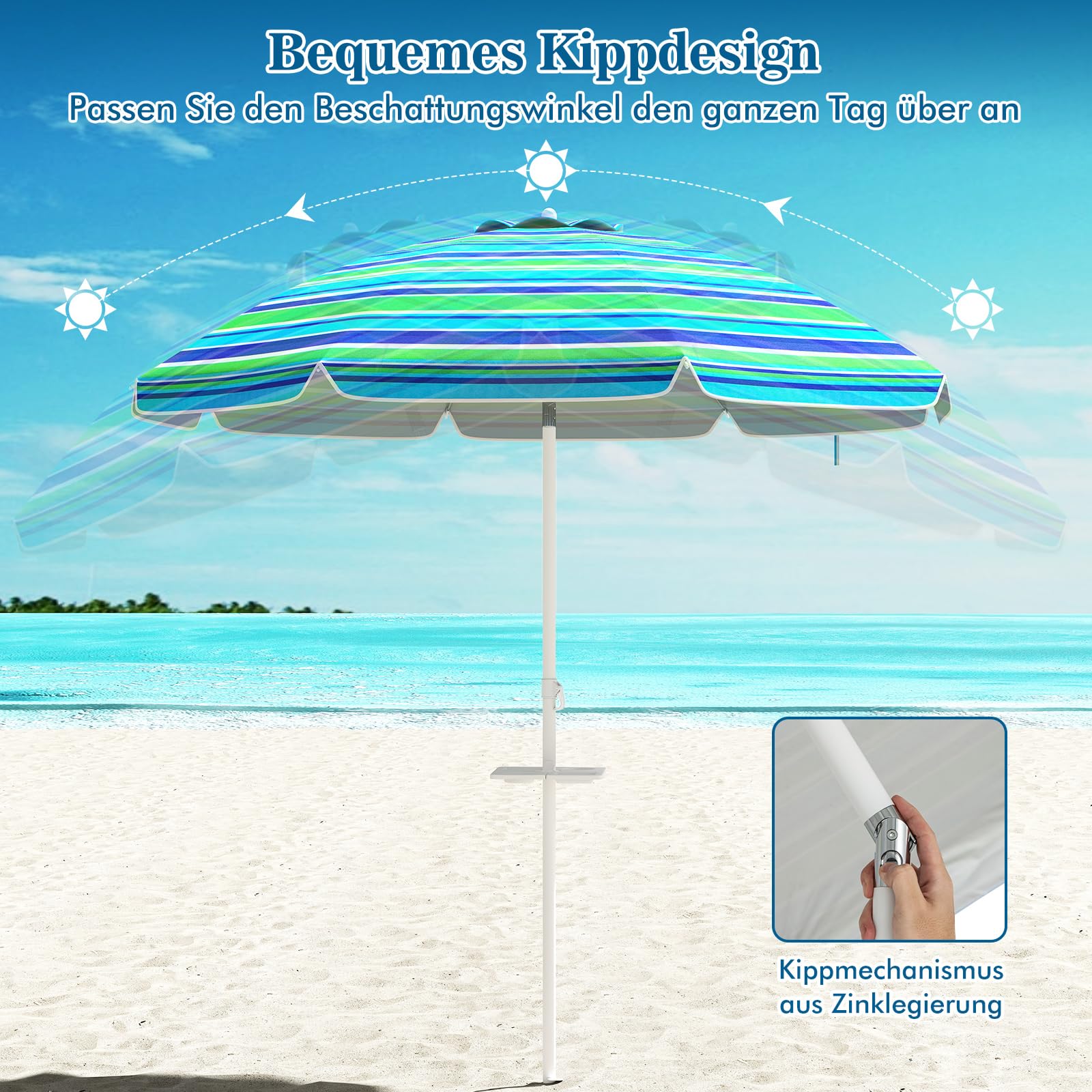 COSTWAY Parasol przeciwsłoneczny, 182 cm, odporny na wiatr, stabilny, UPF 50+, możliwość zginania w zakresie 30°, ochrona przed słońcem z ostrzem do wbijania w ziemię i torbą do przenoszenia, parasol