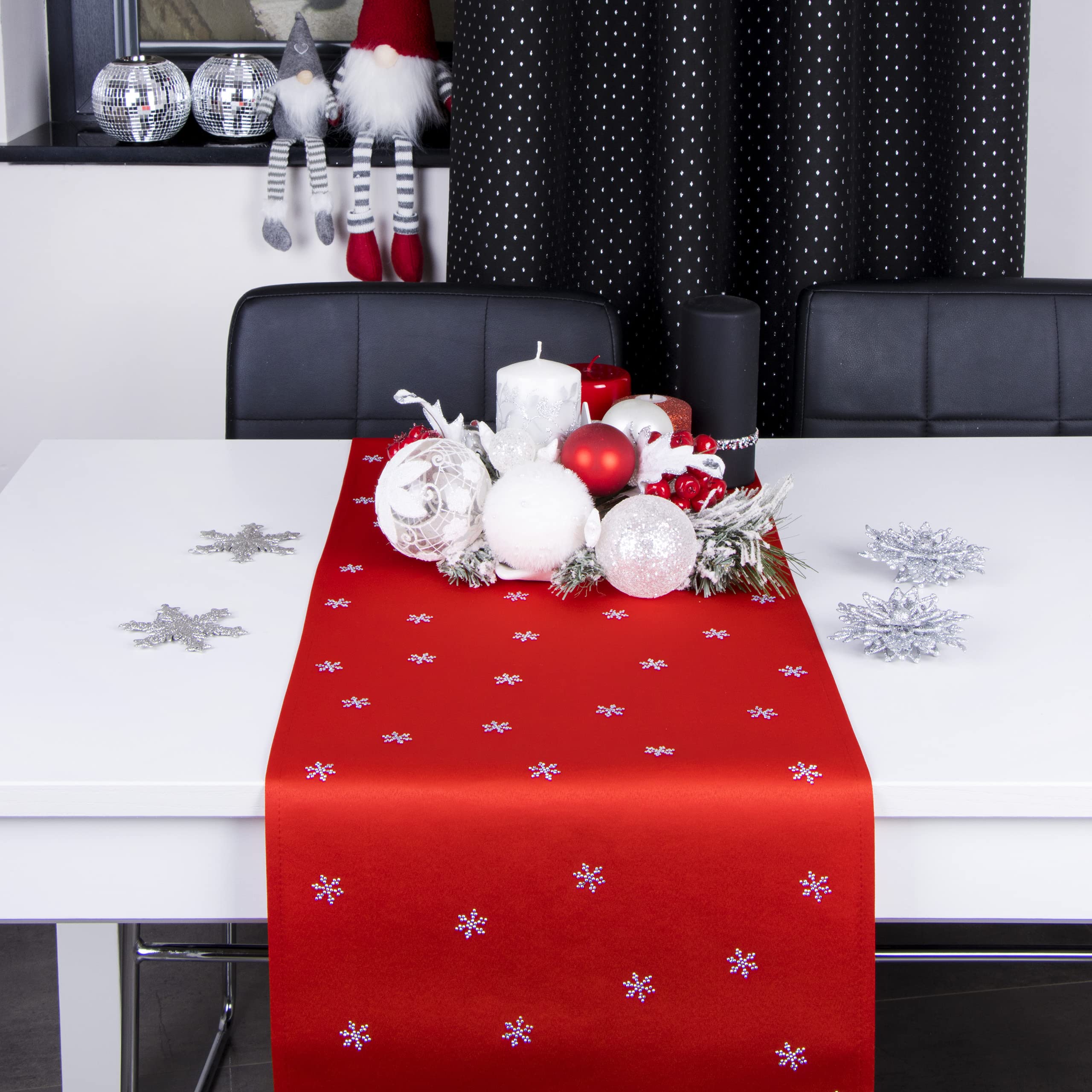 Bieżnik na Boże Narodzenie – odporna na zabrudzenia taśma na stół, 40 x 220 cm, czerwony, bieżnik bożonarodzeniowy z materiału o gramaturze 200 g/m², kryształy w kształcie płatków śniegu, wyprodukowany w UE
