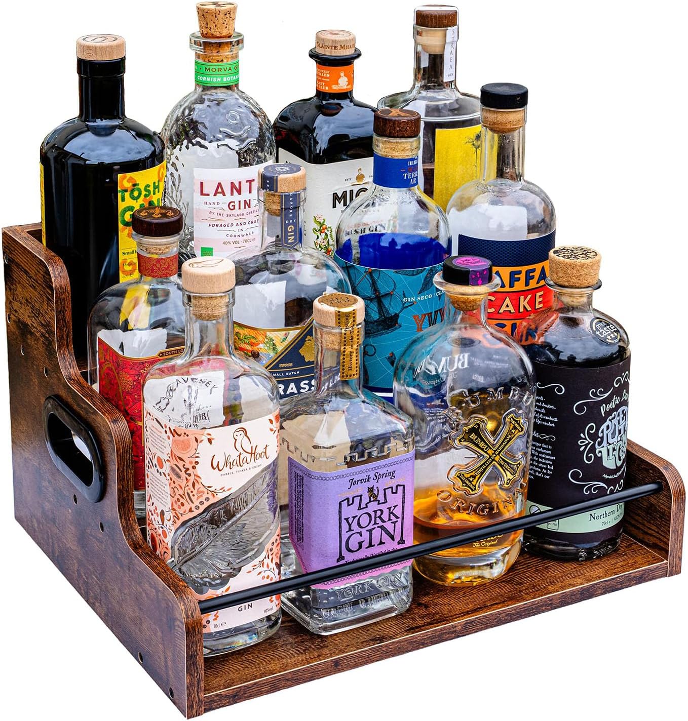 3 Tier Wooden Liquor Bottle Display Shelf, Retro Countertop Wine Rack, Man Cave Mini Bar Countertop Storage & Home Bar Décor, Brown