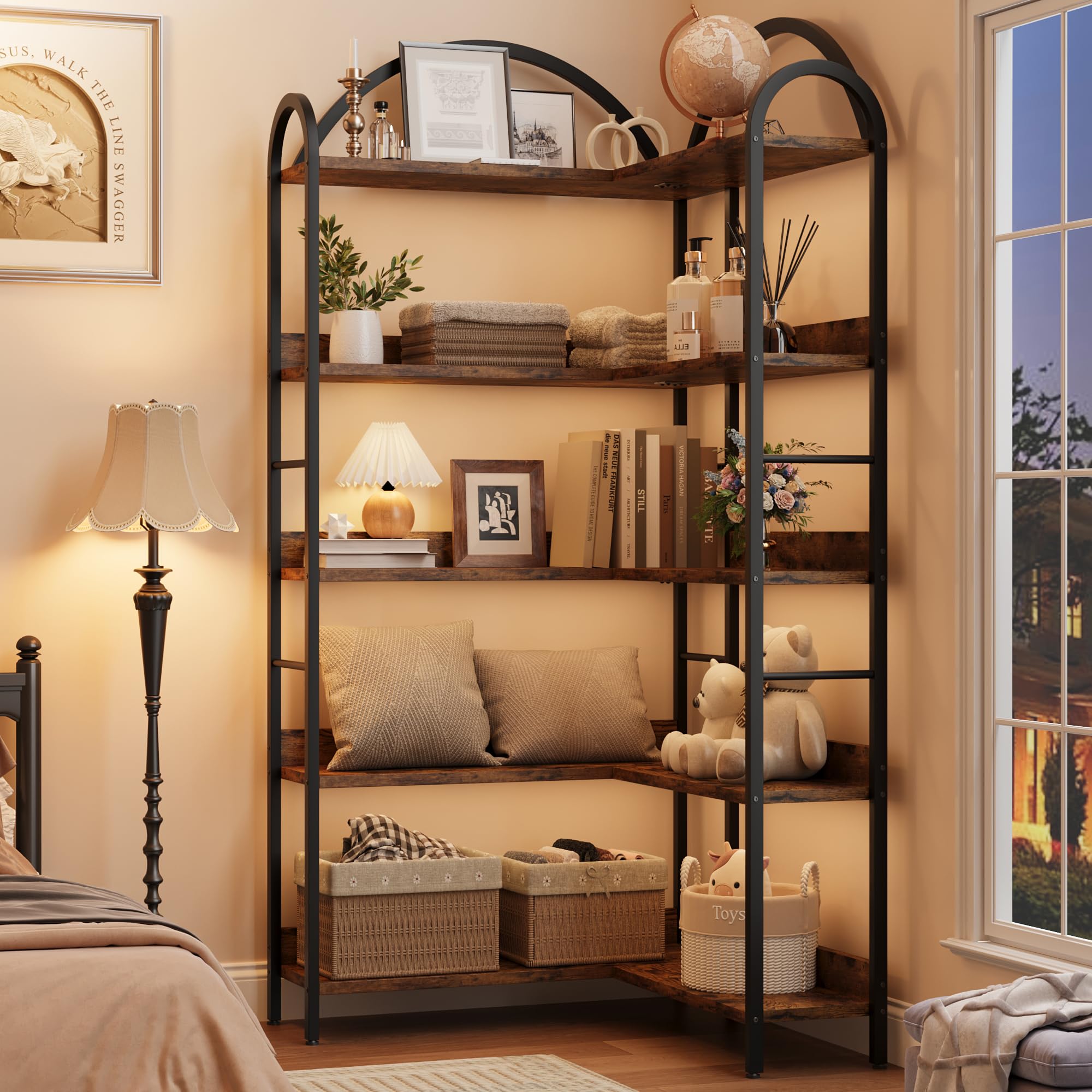 5-Stöckiges Eck-Bücherregal mit Gebogenem Metallrahmen, L-Förmiges Dekoratives Großes Bücherregal Aus Holz und Metall, Bodenstehendes Eckregal für Schlafzimmer, Wohzimmer, Home Office, 174x78x78cm