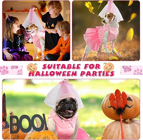 Miniatura 10 de Sweetude Juego de 6 piezas de disfraz de princesa de Halloween para perra, falda tutú, sombrero para perro, puños delicados, color rosa, para