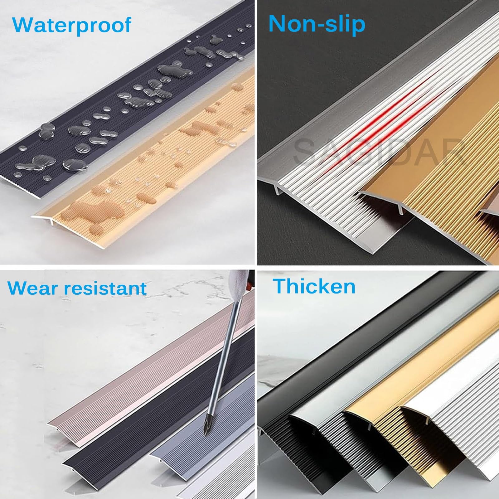 SAGIDAR Barre De Seuil Aluminium De 10cm Large, Profil Rail De Transition Plate, Baguette Recouvrement pour Sol Irrégulier, Bandes De Connexion Antidérapantes, Bandes De Transition De Seuil Robustes