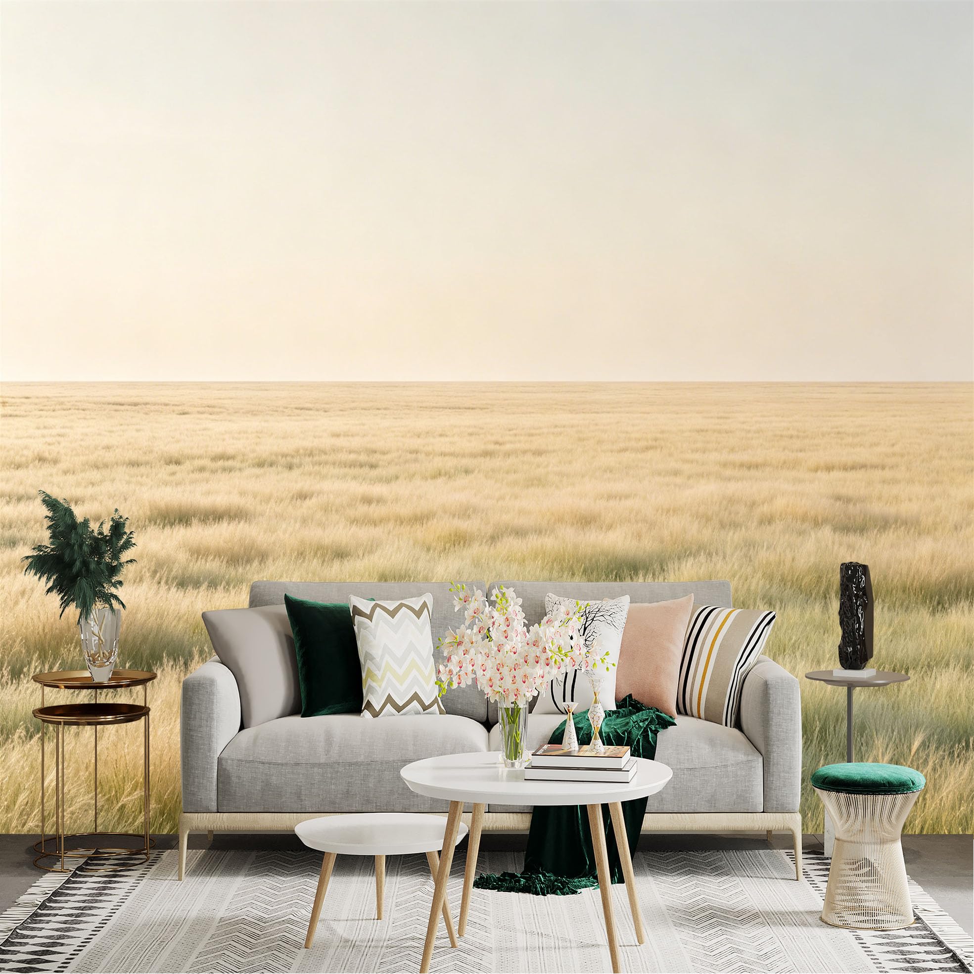 Lnzczhyre Dbh260521265 Custom Size Wall Sticker Mural， Golden Wheat Field， Sunset Meadow Landscape， Serene Nature Scenery， Minimalist Rural View， For Wall Decoration， Peelandstick Wall Decals.