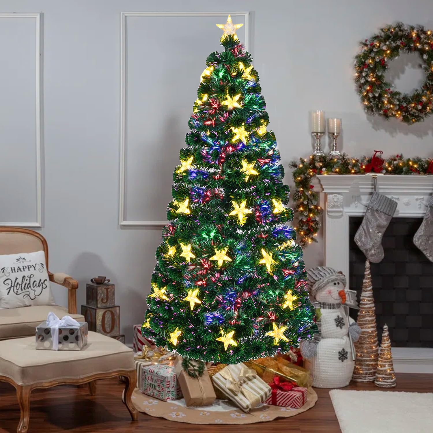 Juegoal Árbol de Navidad artificial preiluminado de 6 pies, árboles de Navidad de fibra óptica iluminados con estrellas grandes blancas cálidas y luces de fibra óptica que cambian de color, árbol