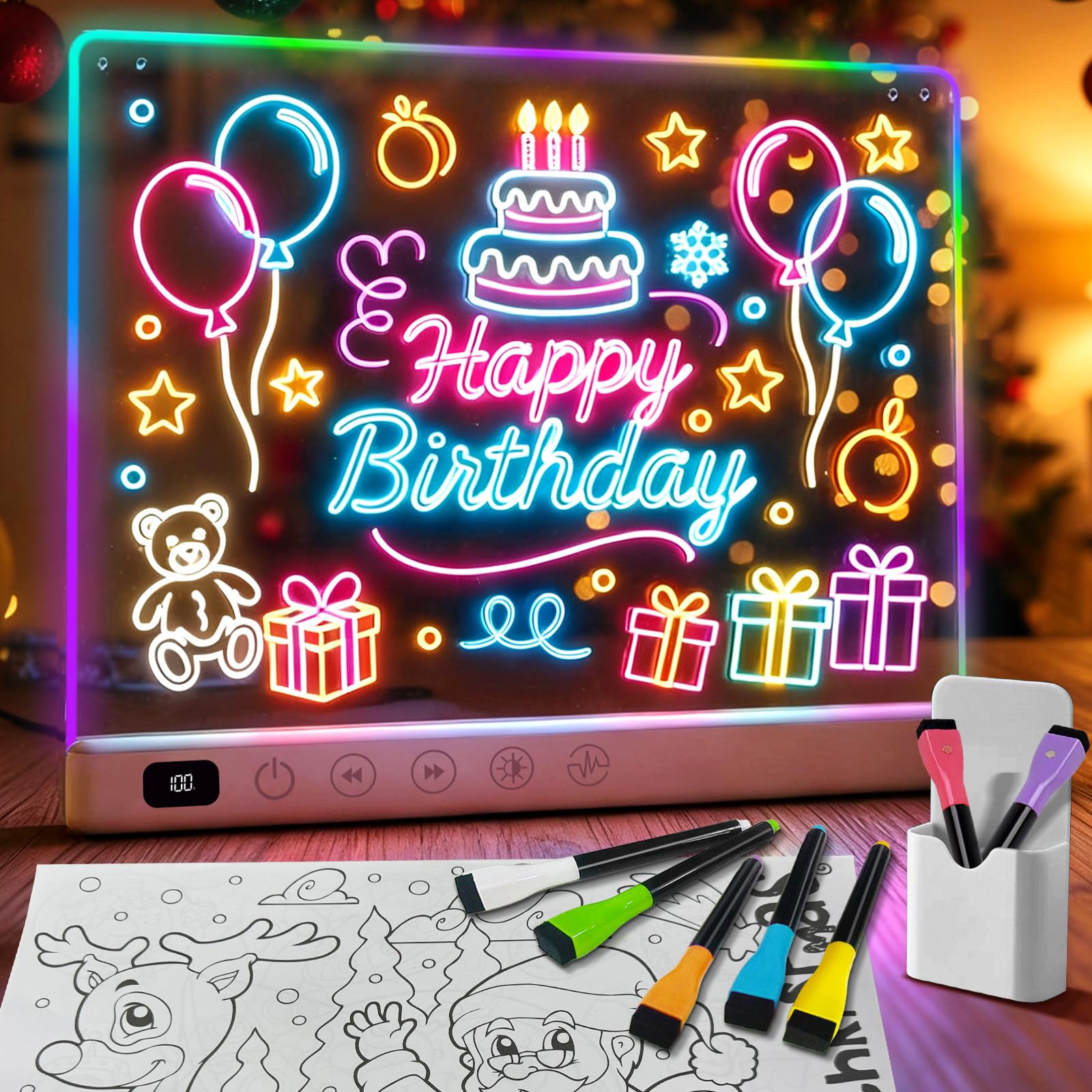 LED-Zeichenbrett mit 13 Lichteffekten, 2600mAh wiederaufladbares Leuchtendes Led Maltafel Kinder, 35x25 cm Neonlicht Maltafel Acryl Notiztafel kreatives Geschenk Geburtstagsgeschenke Geschenke