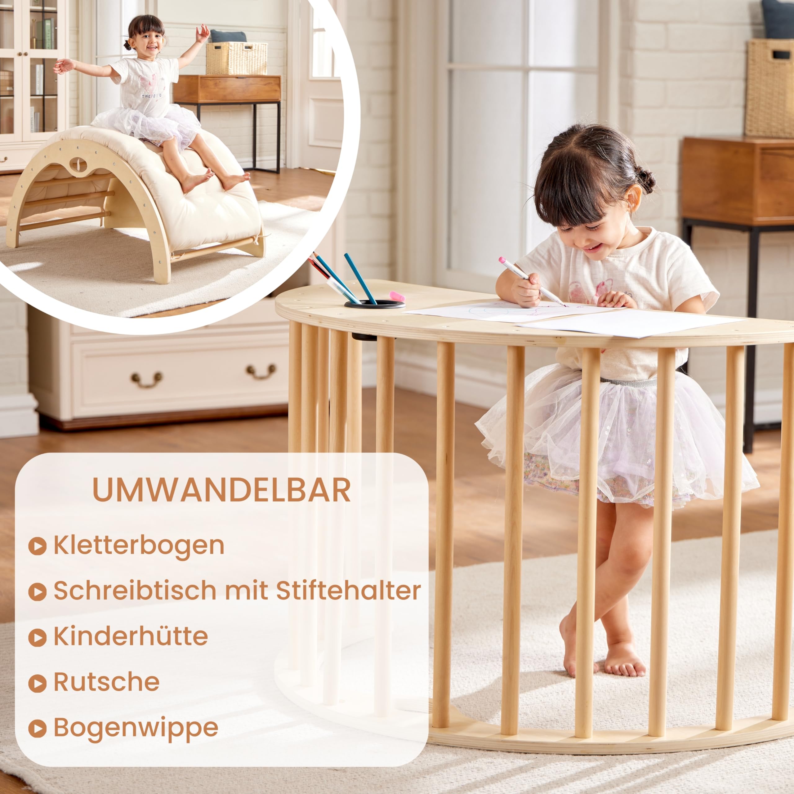 Montessori Kletterbogen mit Kissen, Motorikspielzeug für Kinder 1-6 Jahre, Kletterdreieck mit Schreibtisch-Funktion