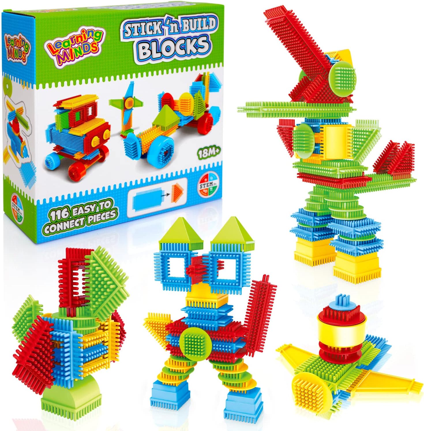 Learning Minds Stick 'n Build 116 Piece Building Blocks - Stacking Bricks Construction Toys For Toddlers Boys or Girls