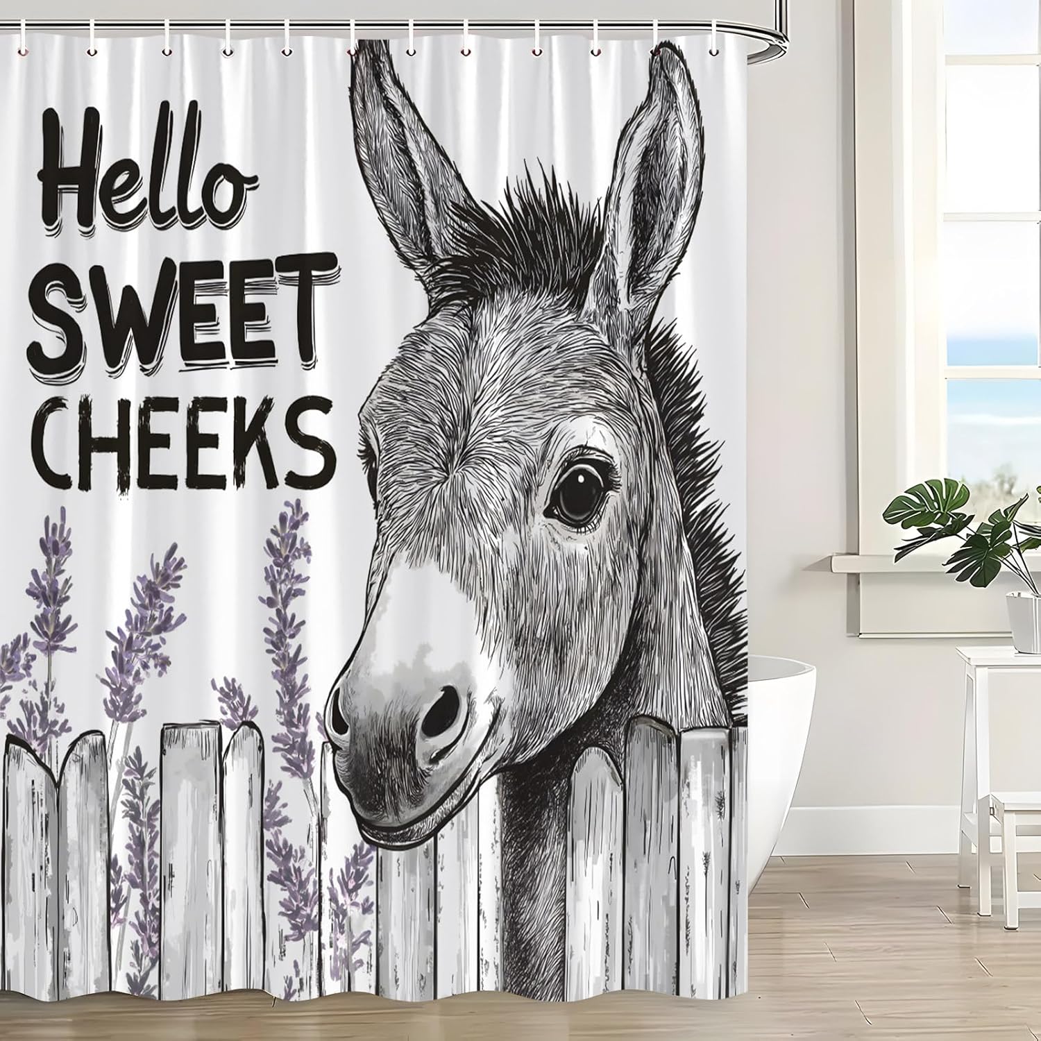 Funny Donkey Shower Curtain Rustic Floral Farmhouse Black and White Cute Animal Vintage Wooden Plank Purple Lavender Flower Western Rural Retro Country Bath Curtain with Hooks