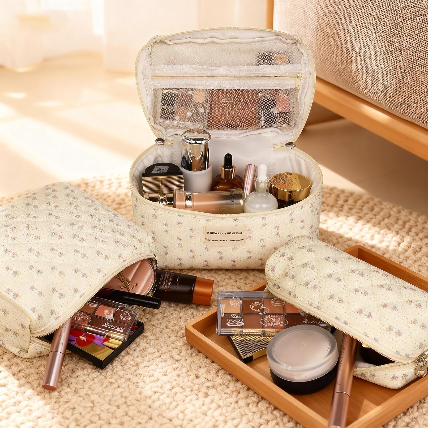 Quilted Makeup Bag, Large Floral Cosmetic Bag for Women, Cute Cotton Makeup Bag, Flower Travel Toiletry Organizer Bag (Flower) - Image 2