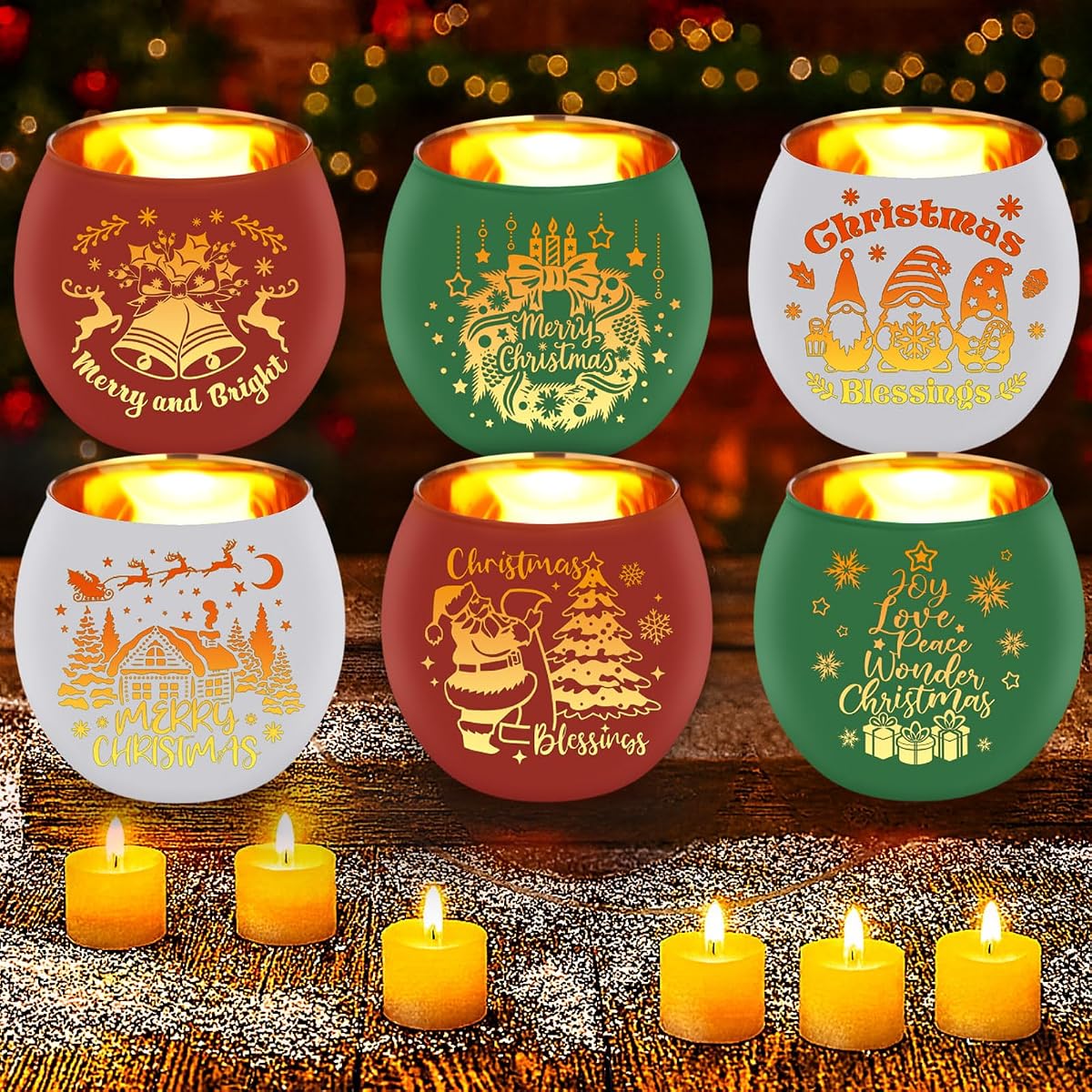 6 Set Christmas Votive Candle Holders LED Flameless | Battery Operated Tea Light, Christmas Glass Tea Light for Table Centerpiece, Home Decor, Flameless Safe Lighting