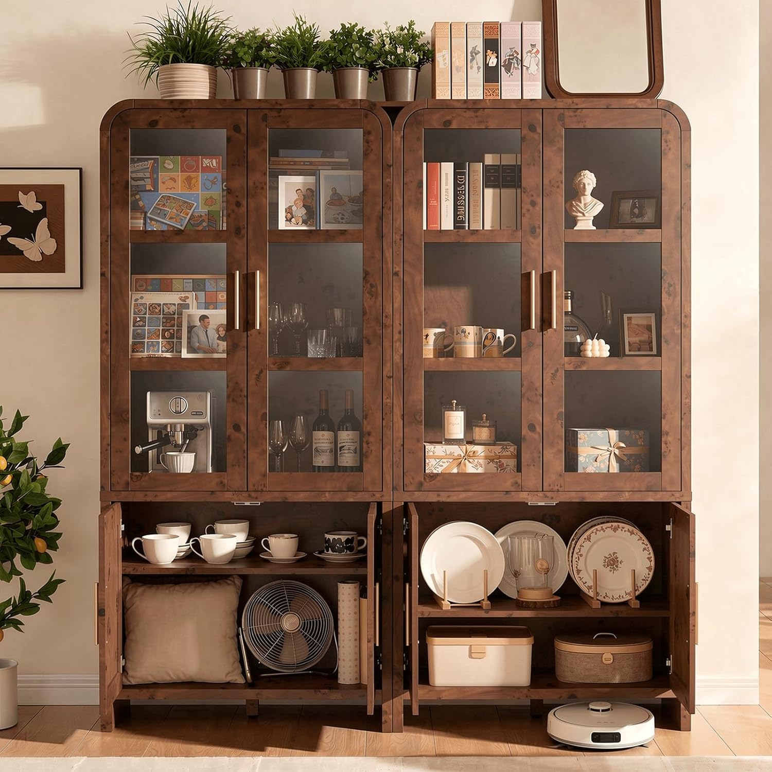 77" Tall Kitchen Pantry Cabinets, Wooden Curved Storage Cabinets with 2 Adjustable Shelves, 1.18'' Panel Freestanding Cupboard for Dining Room, Living Room, Bathroom, Dark Burl, 1Pcs