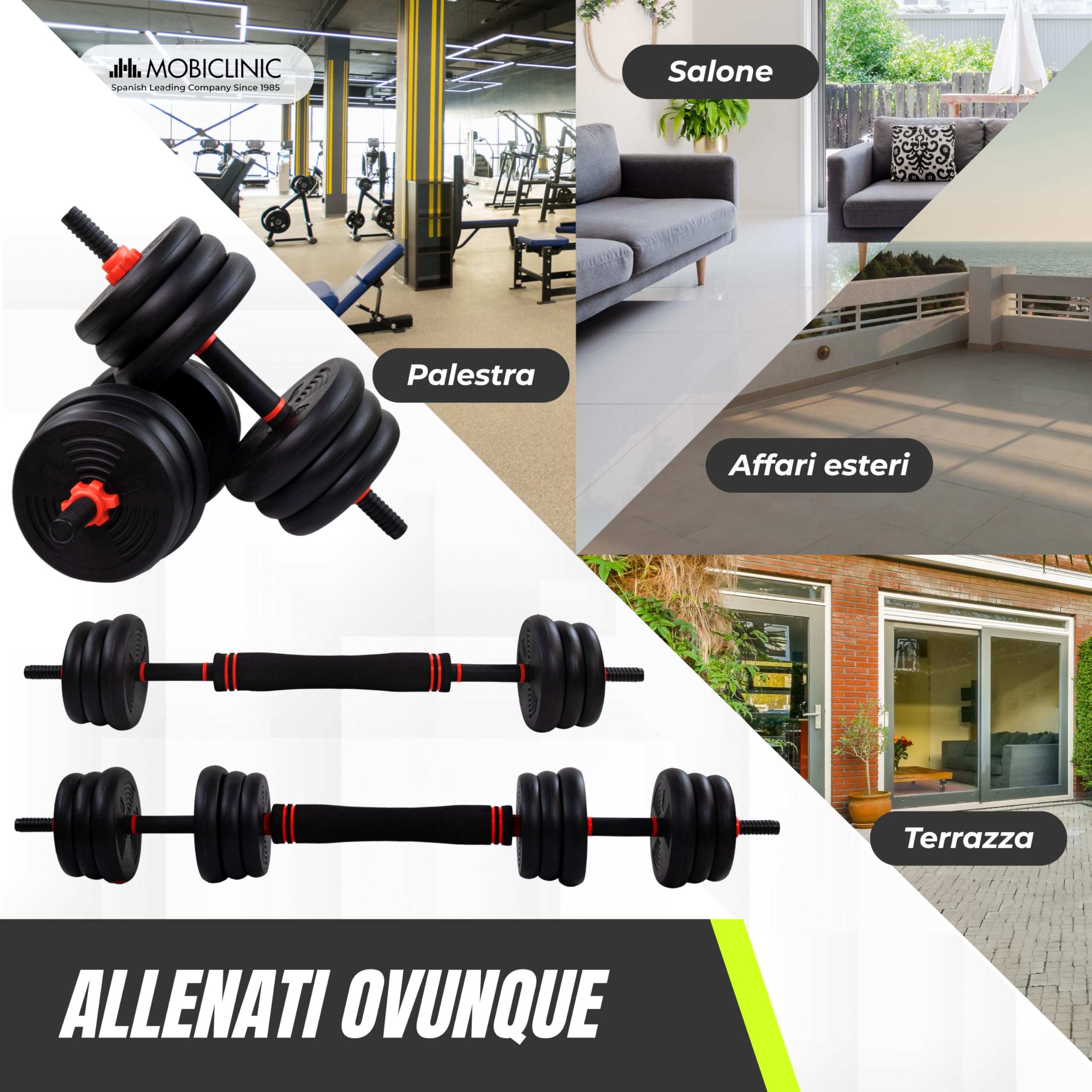 Mobiclinic®, Manubri Regolabili 20 kg, 4 in 1, Set di Pesi, Manubri, Kettlebell e Supporto per Flessioni, Barra di Collegamento, Impugnatura Antiscivolo, Mobimax, Palestra Domestica, Fitness