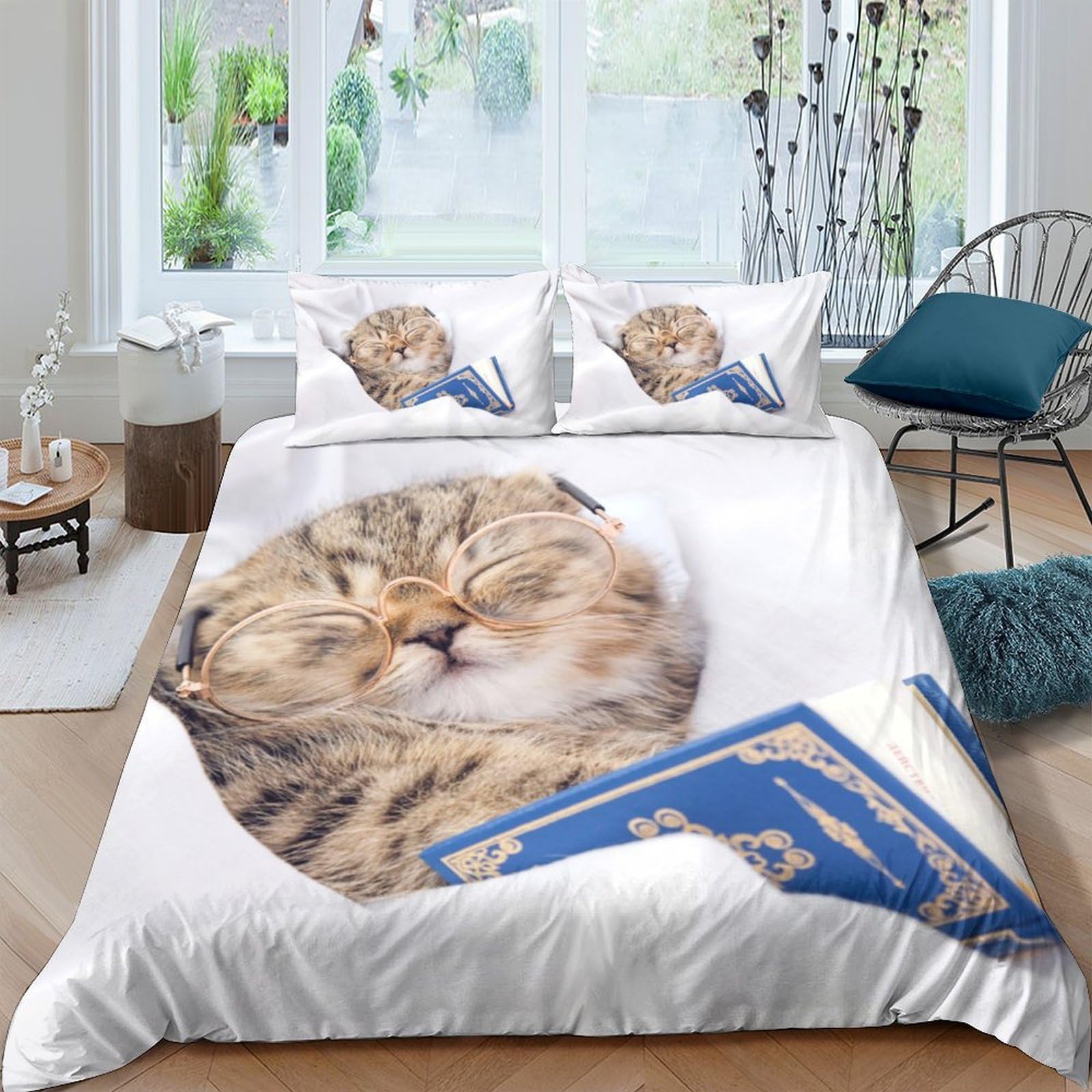 Ctjqhvkz Style-9 3D Printed Fluffy Cat Fitted Sheet Microfiber Soft Breathable Book Theme Mattress Cover For Bedroom Dorm Decor Single（135X200cm）