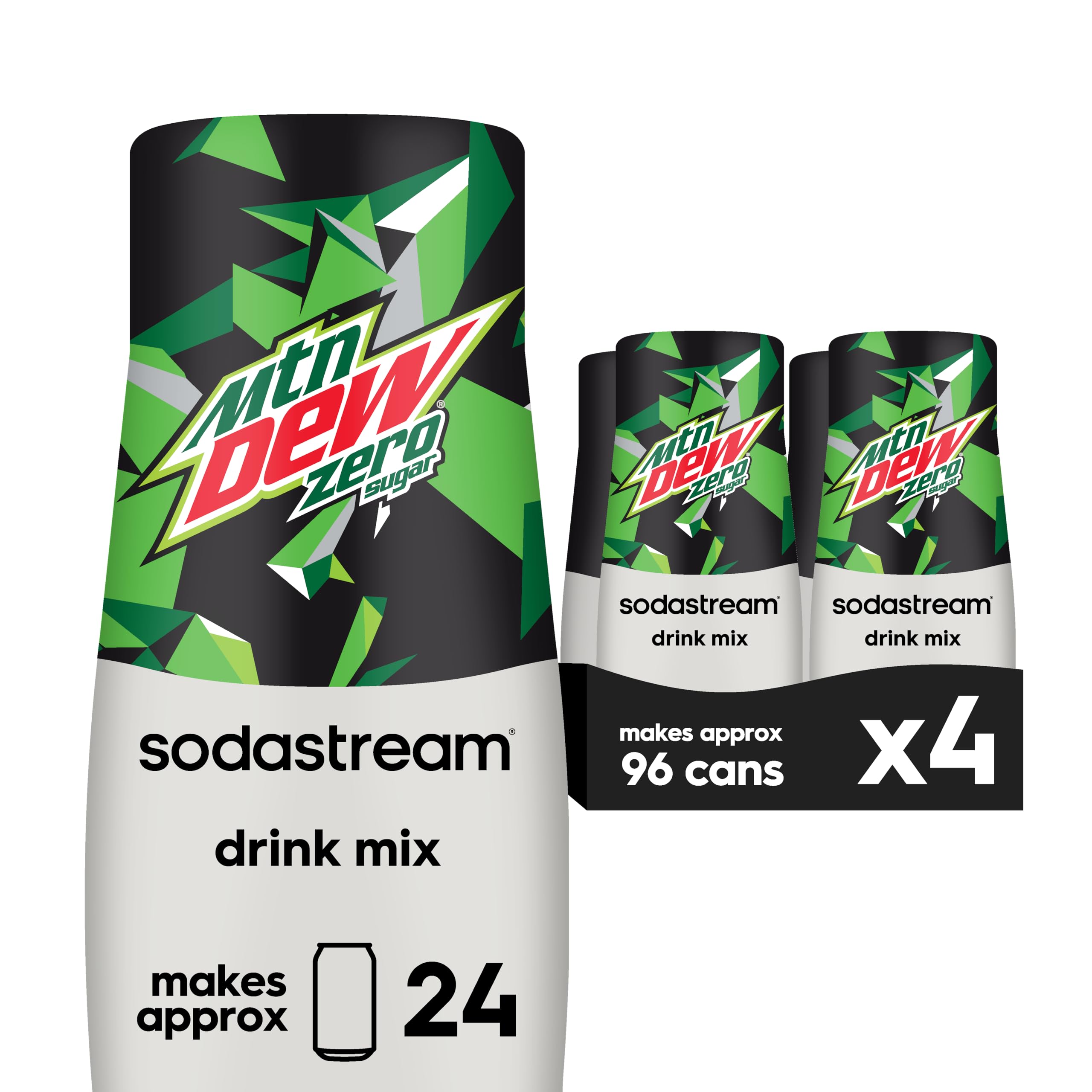 sodastreamMountain Dew Zero Sugar Drink Mix | For Sparkling Water Makers | Sugar-Free, 0 Calories | Caffeine: 48mg/12oz | Makes 96 Servings | 14.9 Fl Oz, Pack of 4