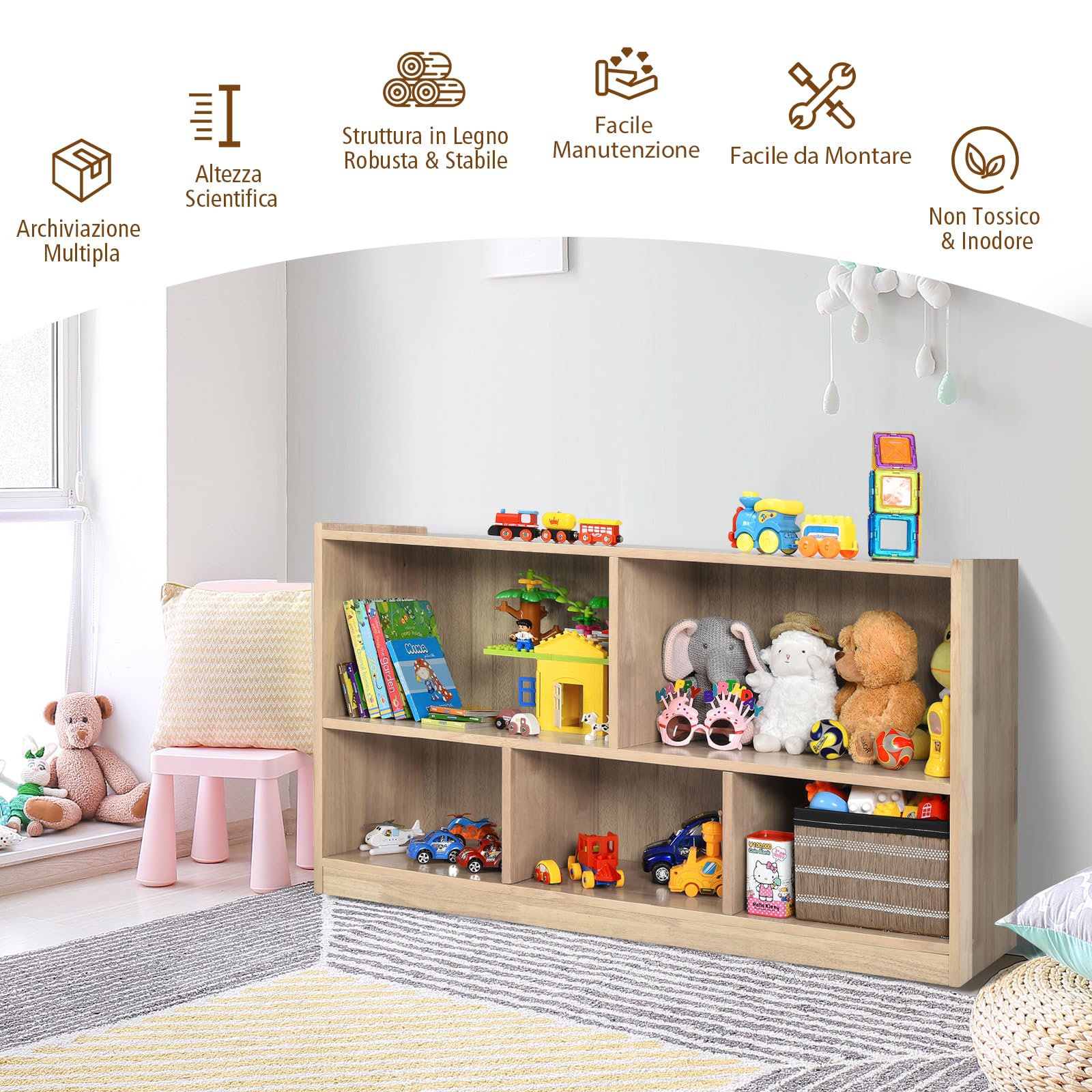 COSTWAY Libreria per Bambini e Organizer Giocattoli, Scaffale di Legno Con 5 Scompartimenti, Per Stanza dei Giochi Camera Dei Bambini Angolo di Lettura Classe Scuola Materna (Naturale)